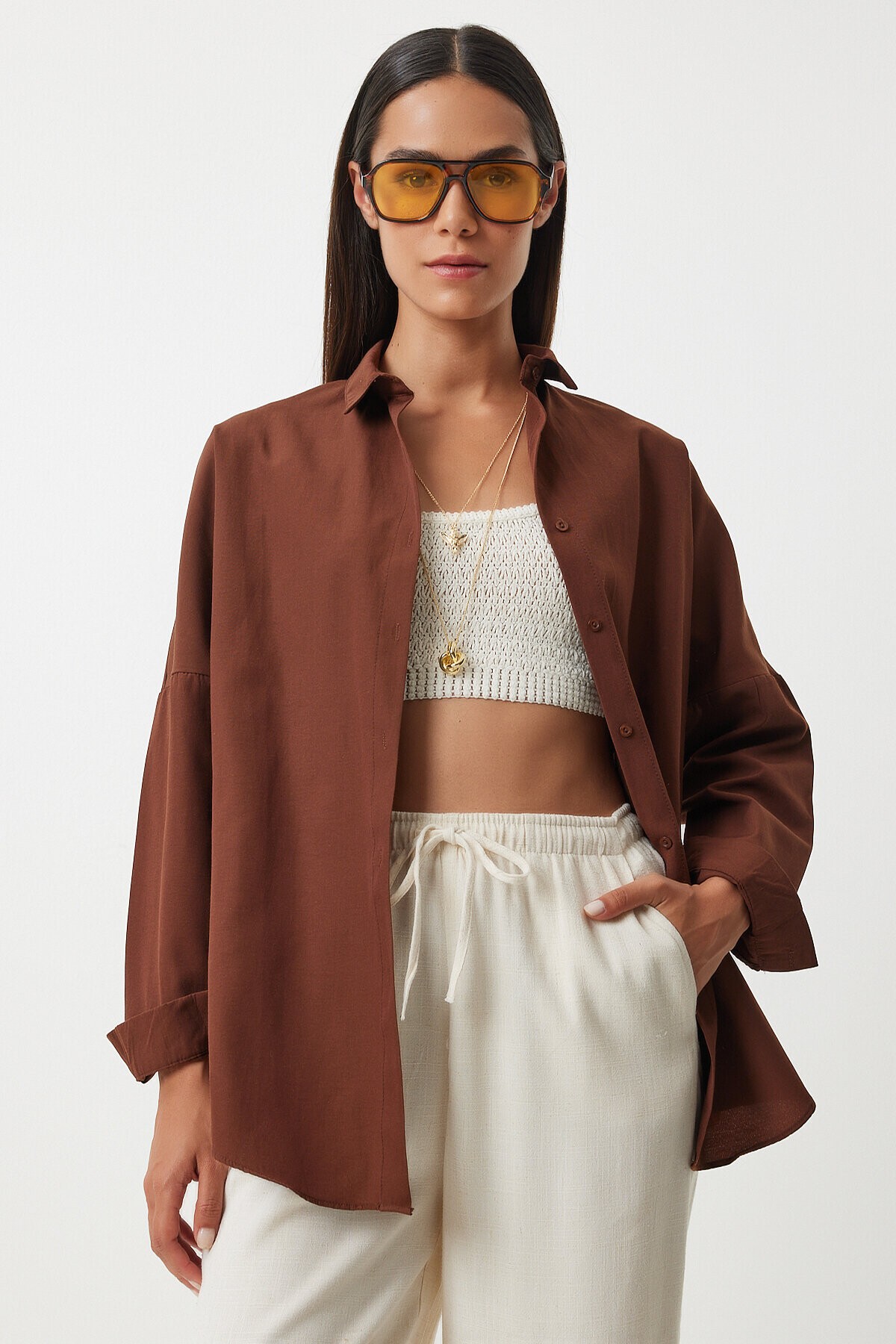 Oversize Basic Gömlek ÇİKOLATA LDD0003