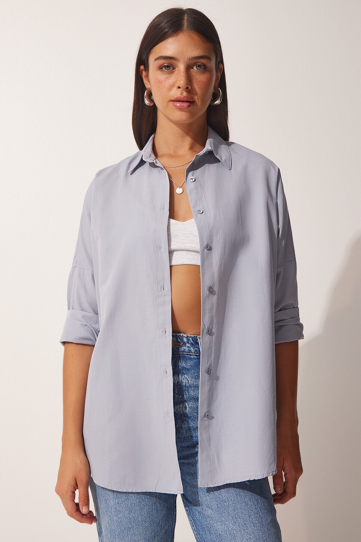 Oversize Basic Gömlek GRİ LDD0003