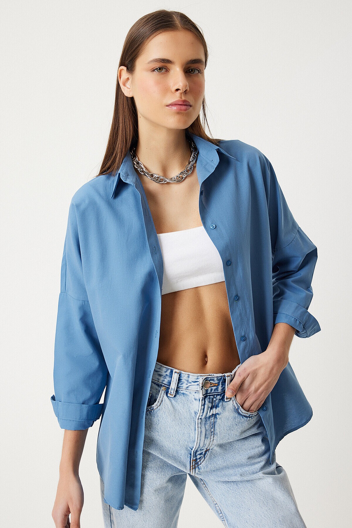 Oversize Basic Gömlek İNDİGO MAVİ LDD0003