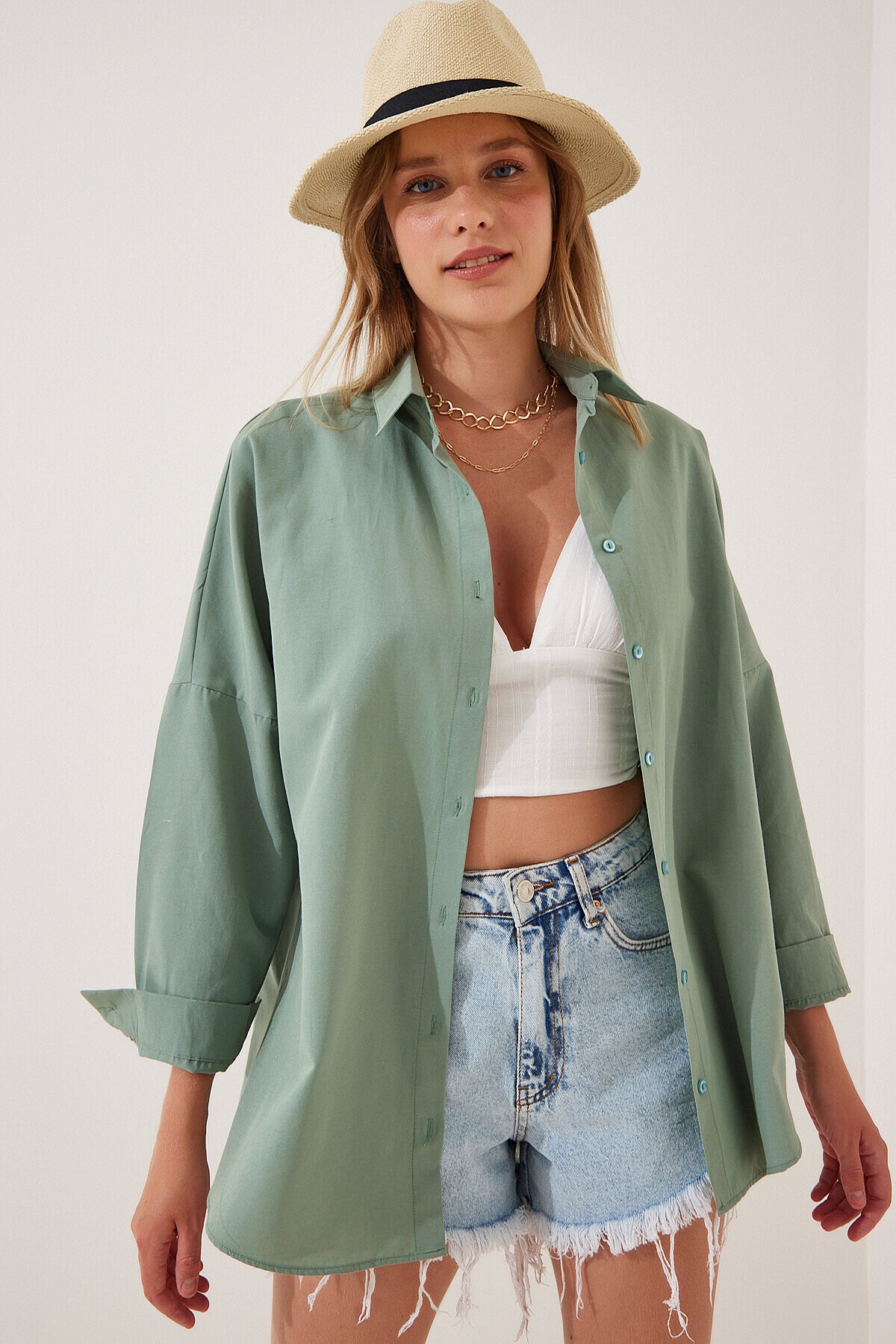Oversize Basic Gömlek KOYU ÇAĞLA YEŞİLİ LDD0003