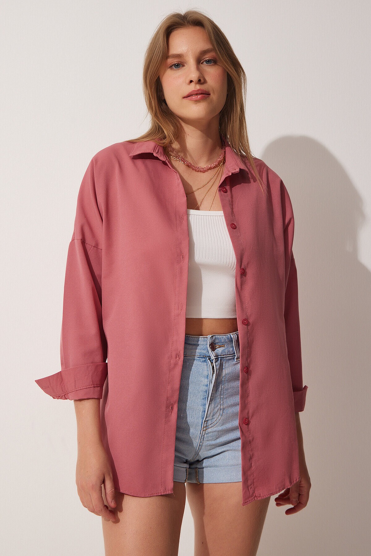 Oversize Basic Gömlek KOYU GÜL KURUSU LDD0003