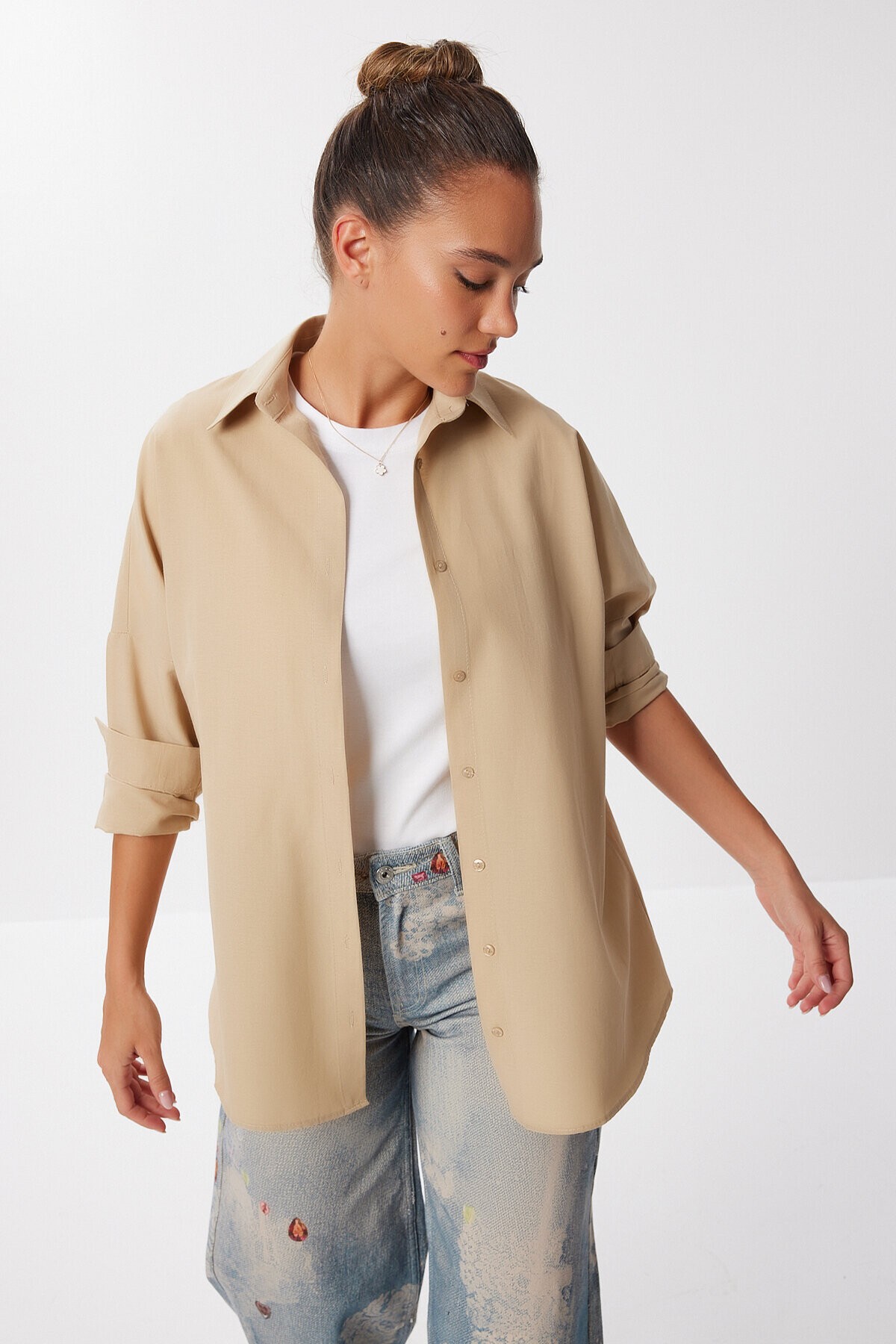 Oversize Basic Gömlek KOYU KREM LDD0003
