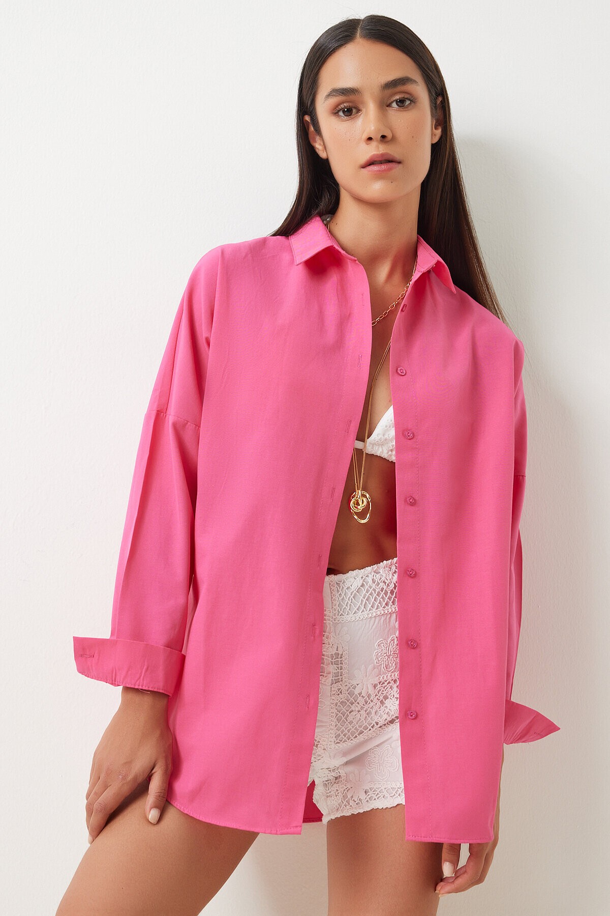 Oversize Basic Gömlek KOYU PEMBE LDD0003