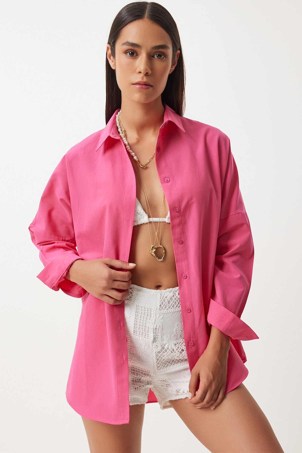Oversize Basic Gömlek KOYU PEMBE LDD0003