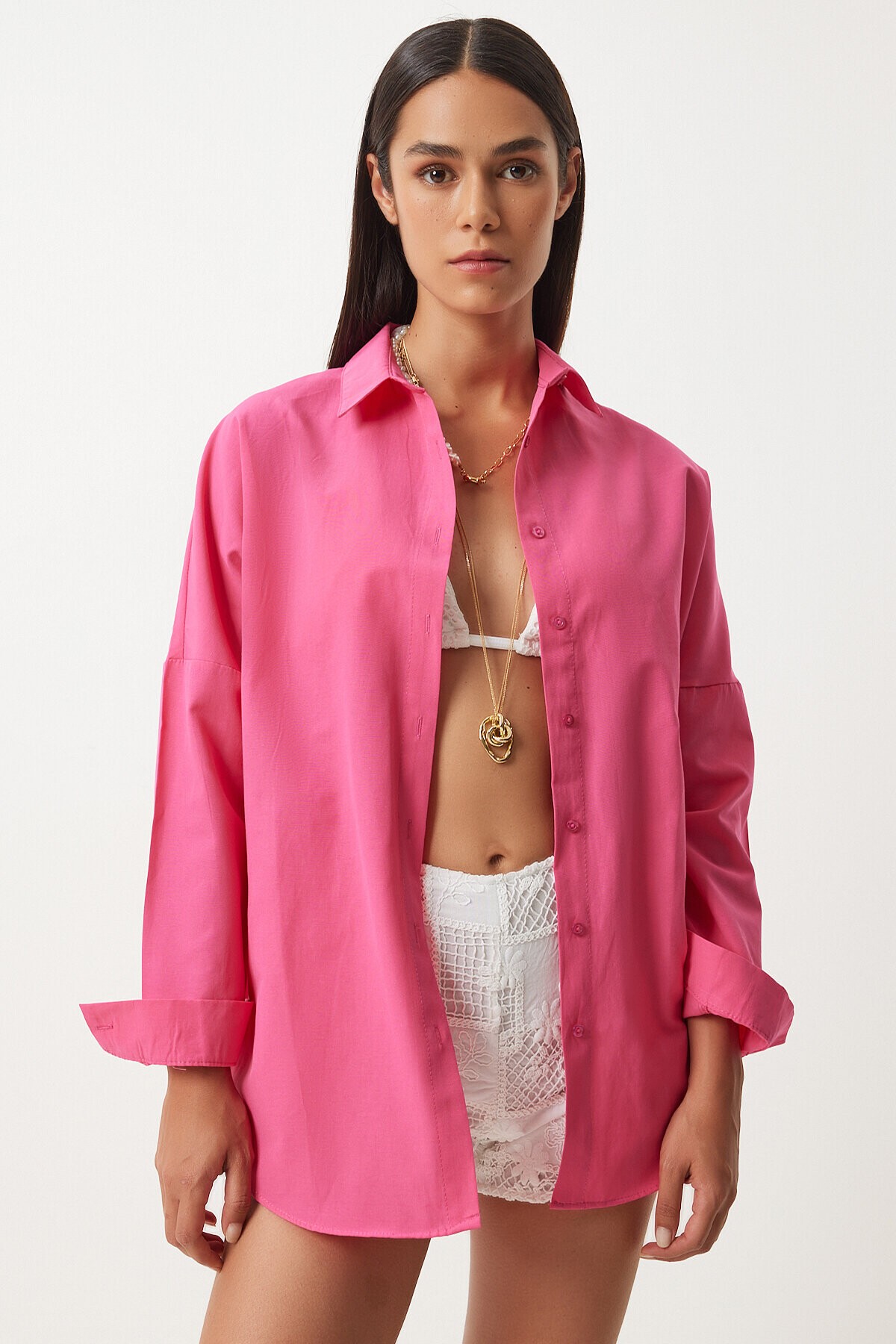 Oversize Basic Gömlek KOYU PEMBE LDD0003