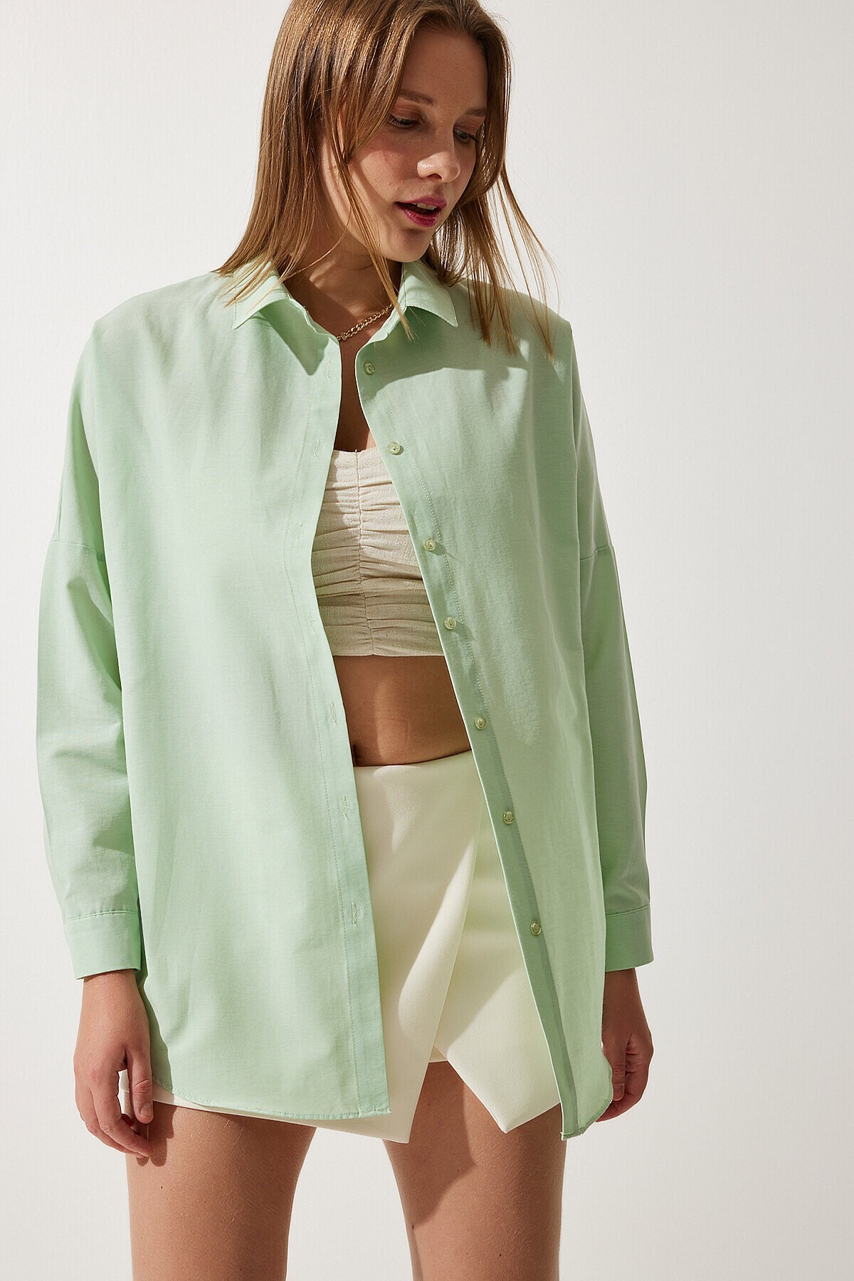 Oversize Basic Gömlek UÇUK YEŞİL LDD0003