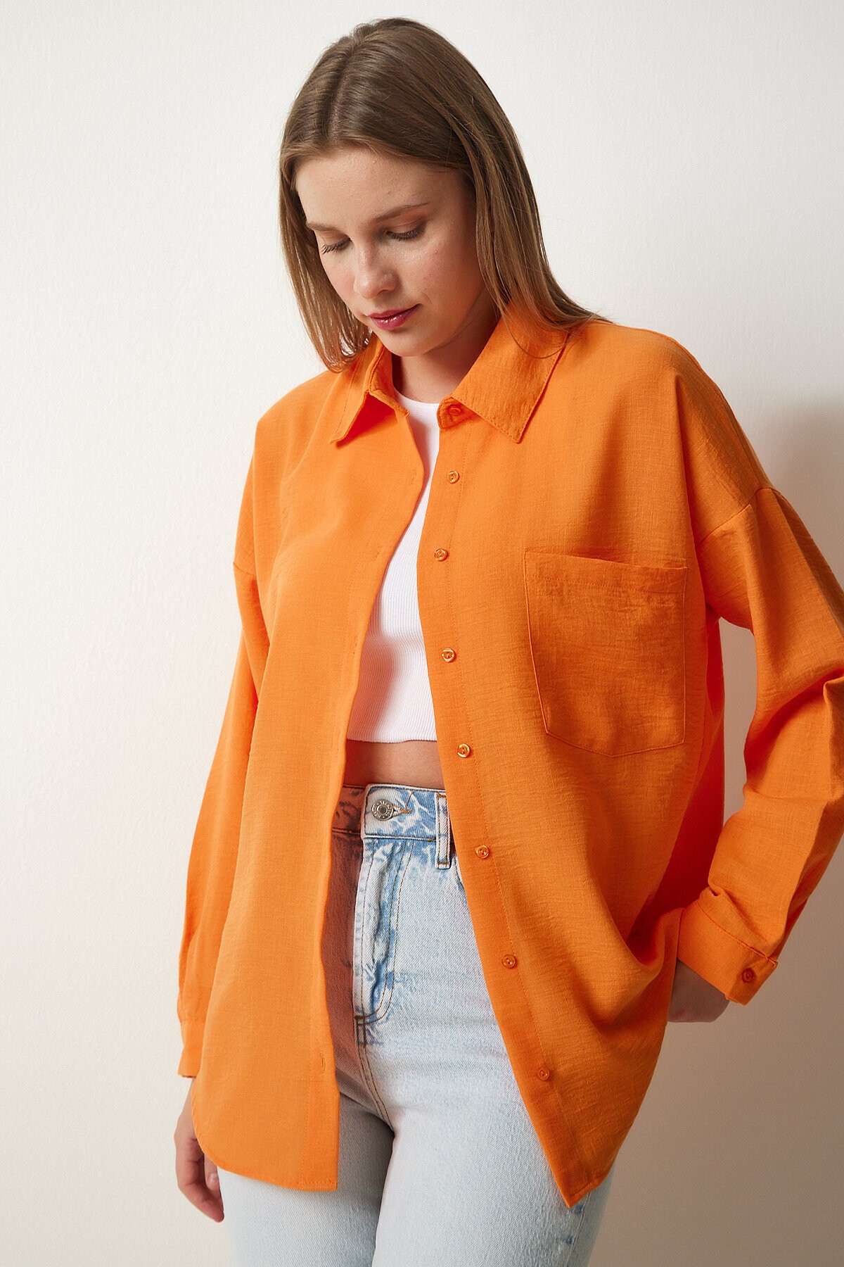 Oversize Basic Keten Ayrobin Gömlek ORANJ LDD0009