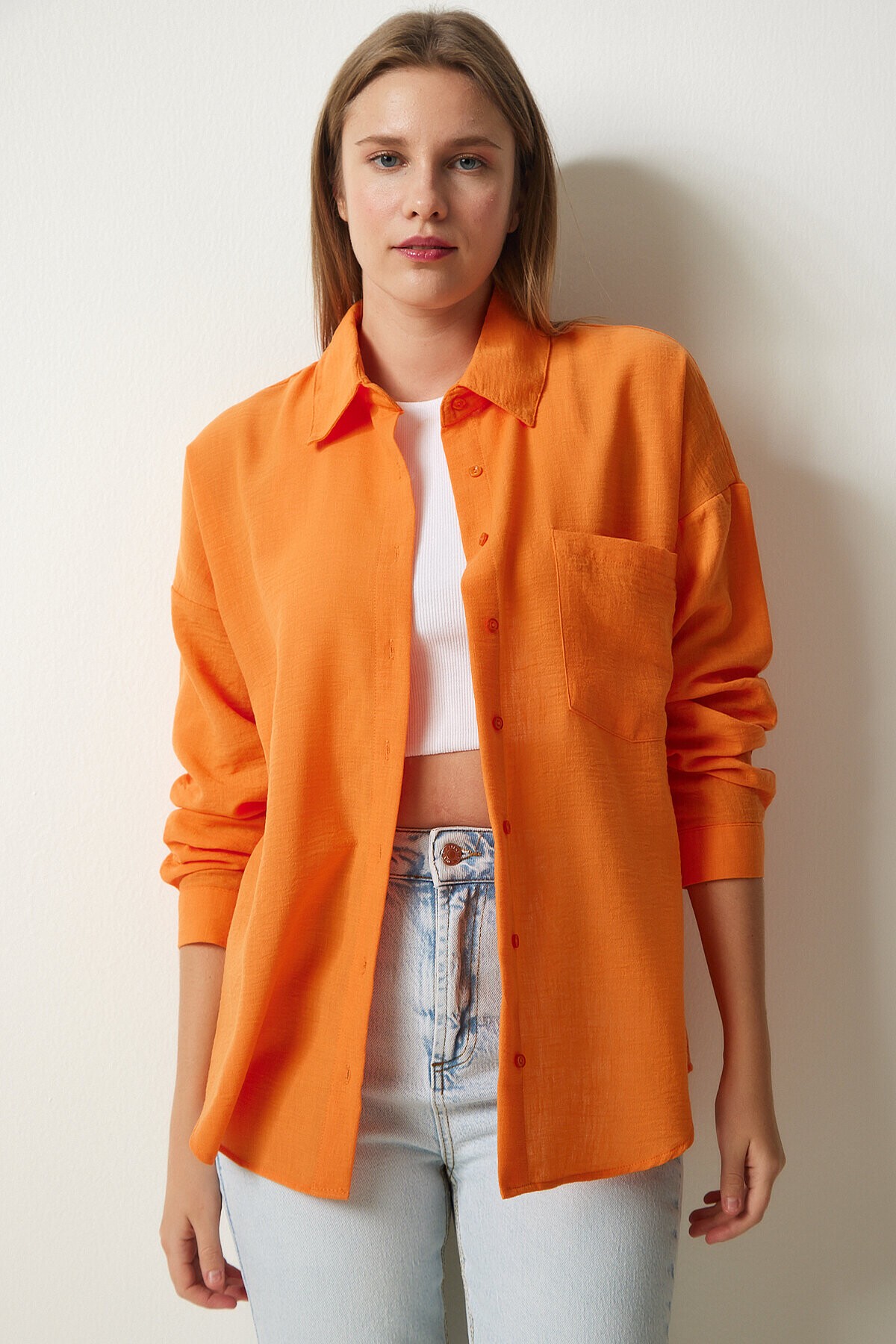 Oversize Basic Keten Ayrobin Gömlek ORANJ LDD0009