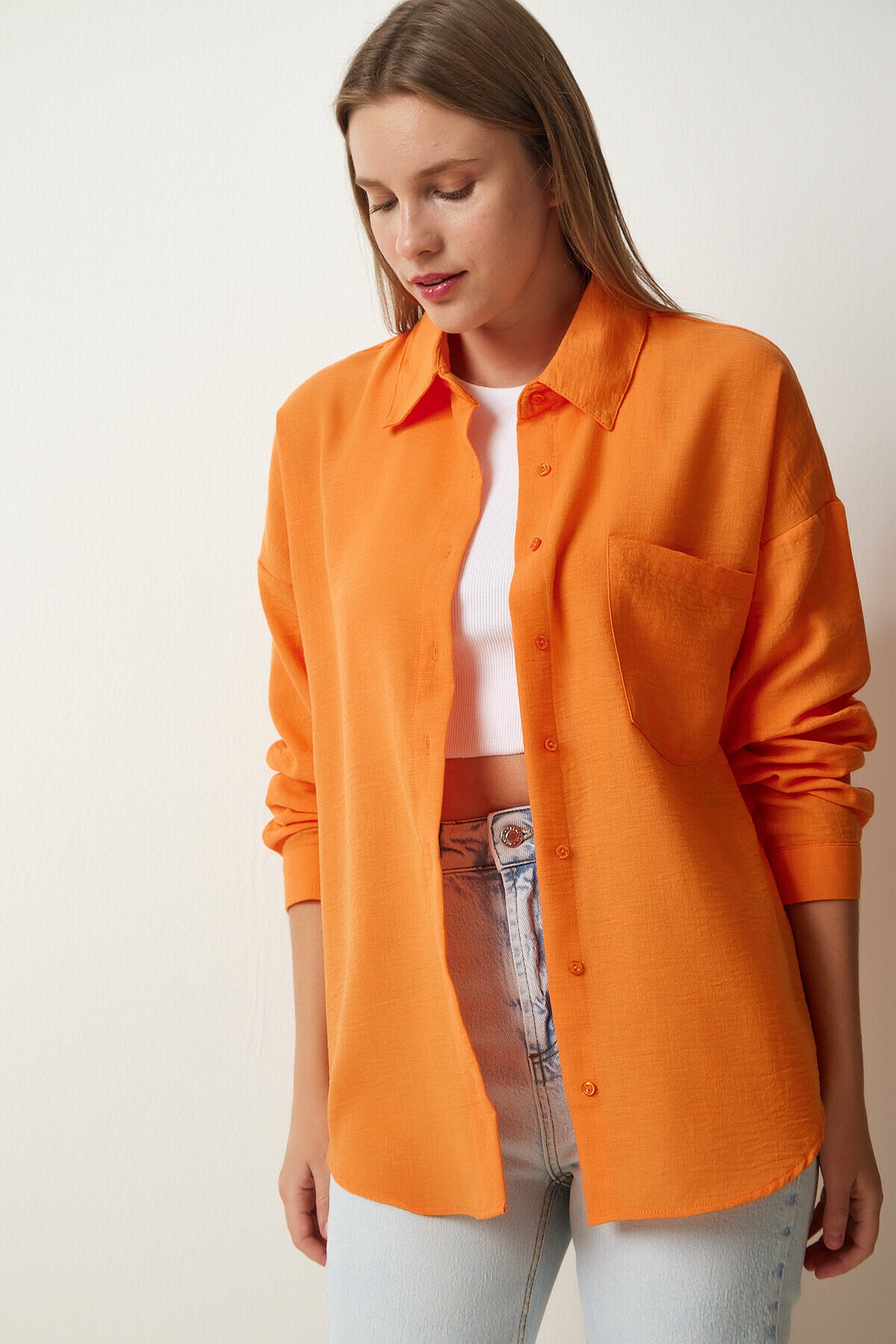 Oversize Basic Keten Ayrobin Gömlek ORANJ LDD0009