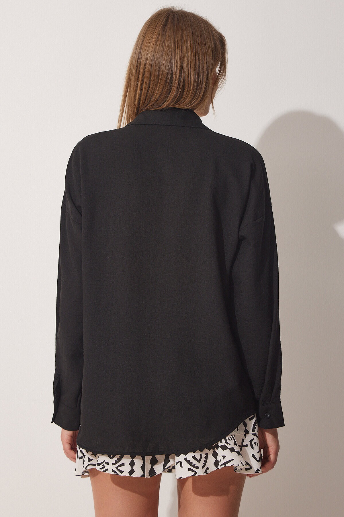 Oversize Basic Keten Ayrobin Gömlek SİYAH LDD0009