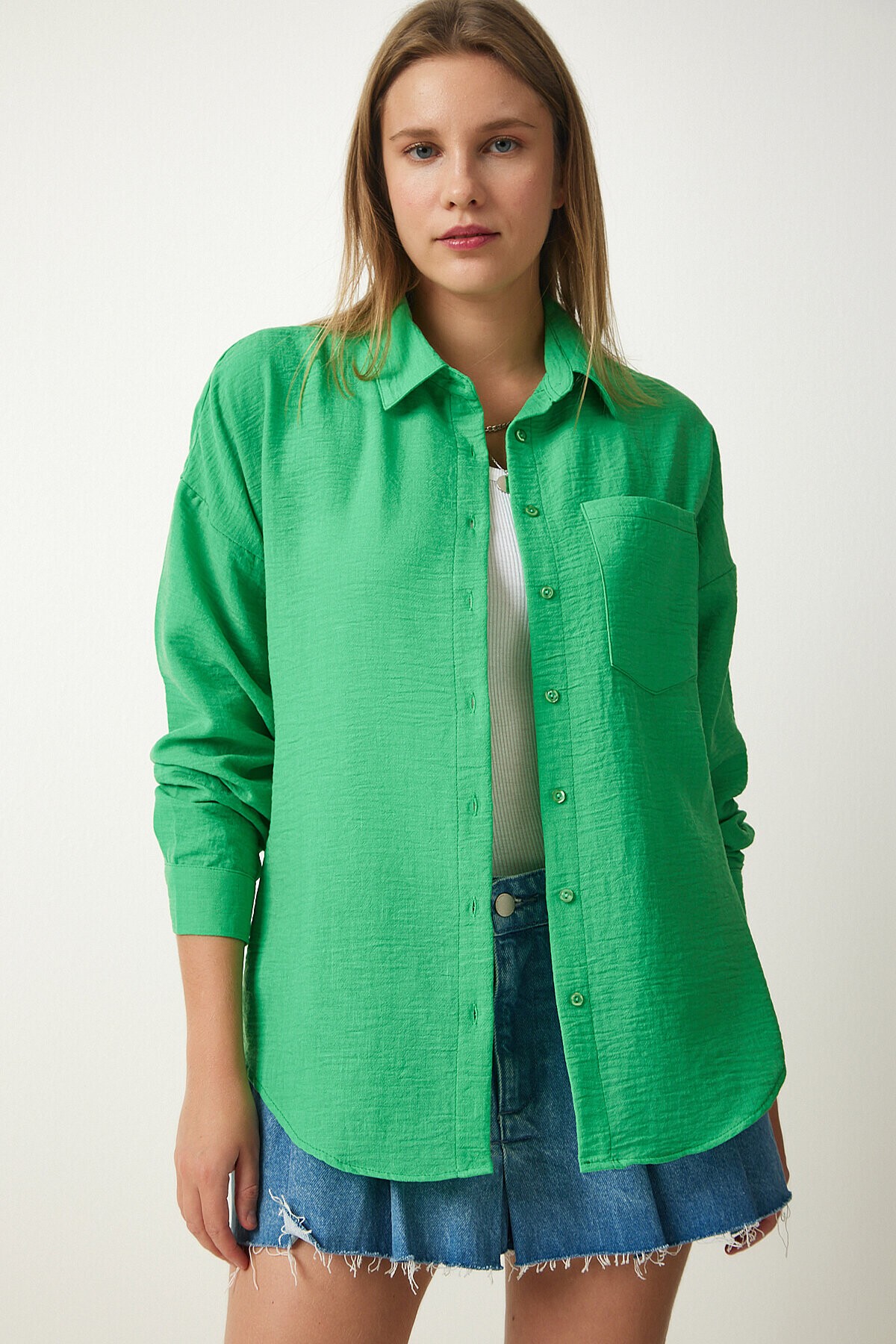 Oversize Basic Keten Ayrobin Gömlek YEŞİL LDD0009