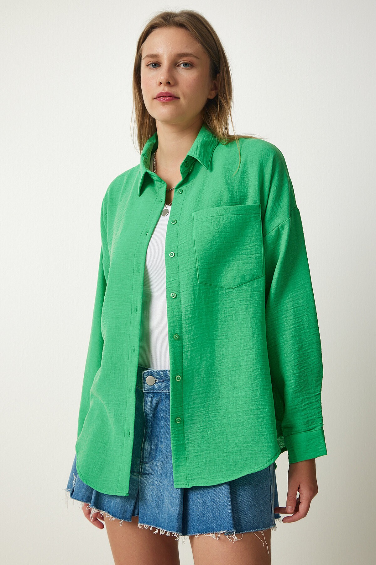 Oversize Basic Keten Ayrobin Gömlek YEŞİL LDD0009