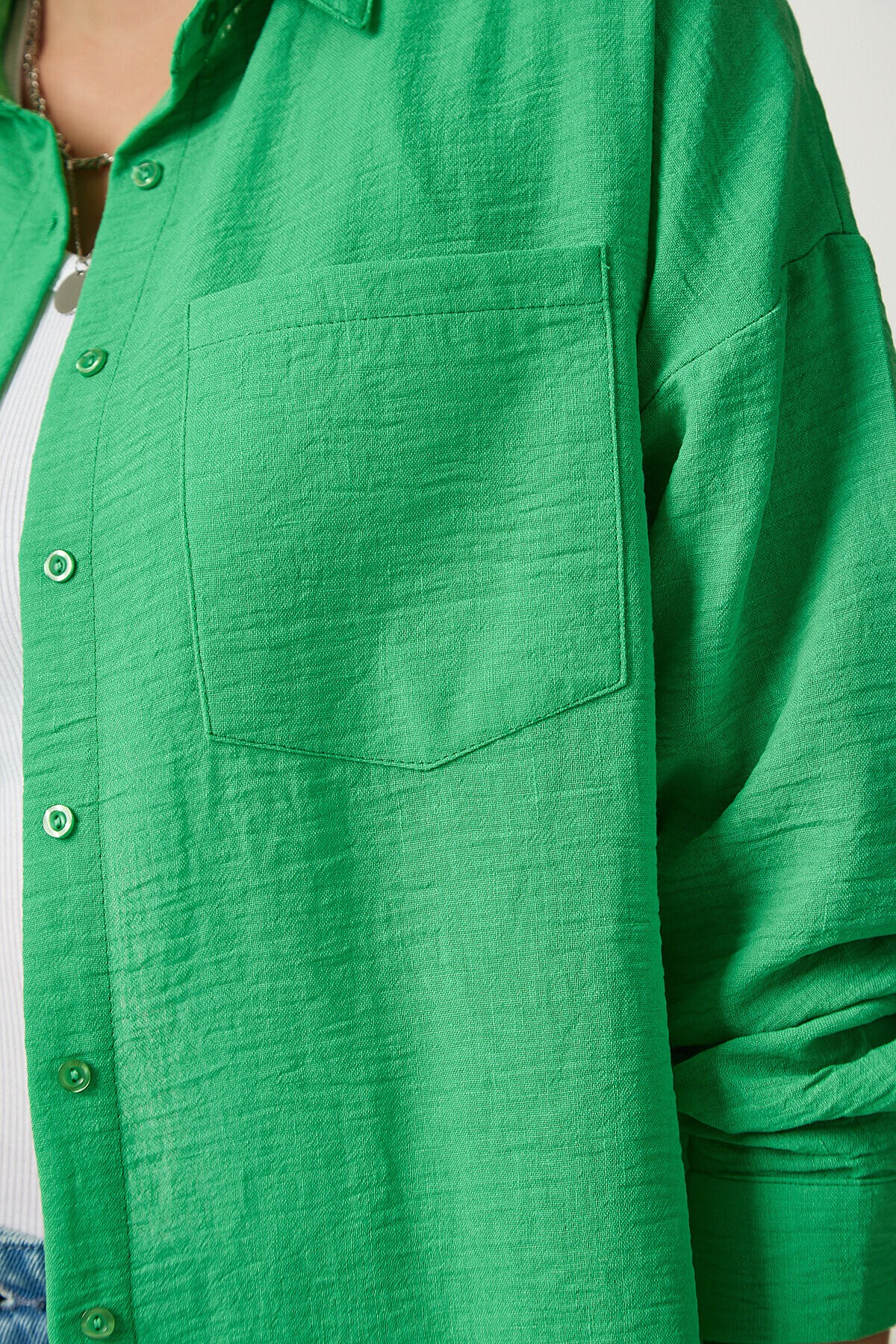 Oversize Basic Keten Ayrobin Gömlek YEŞİL LDD0009