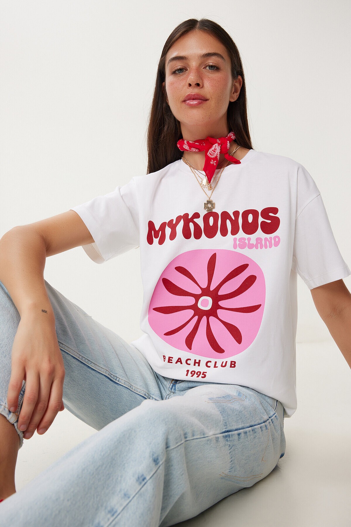 Oversize Baskılı Örme T-shirt BEYAZ LCR0060