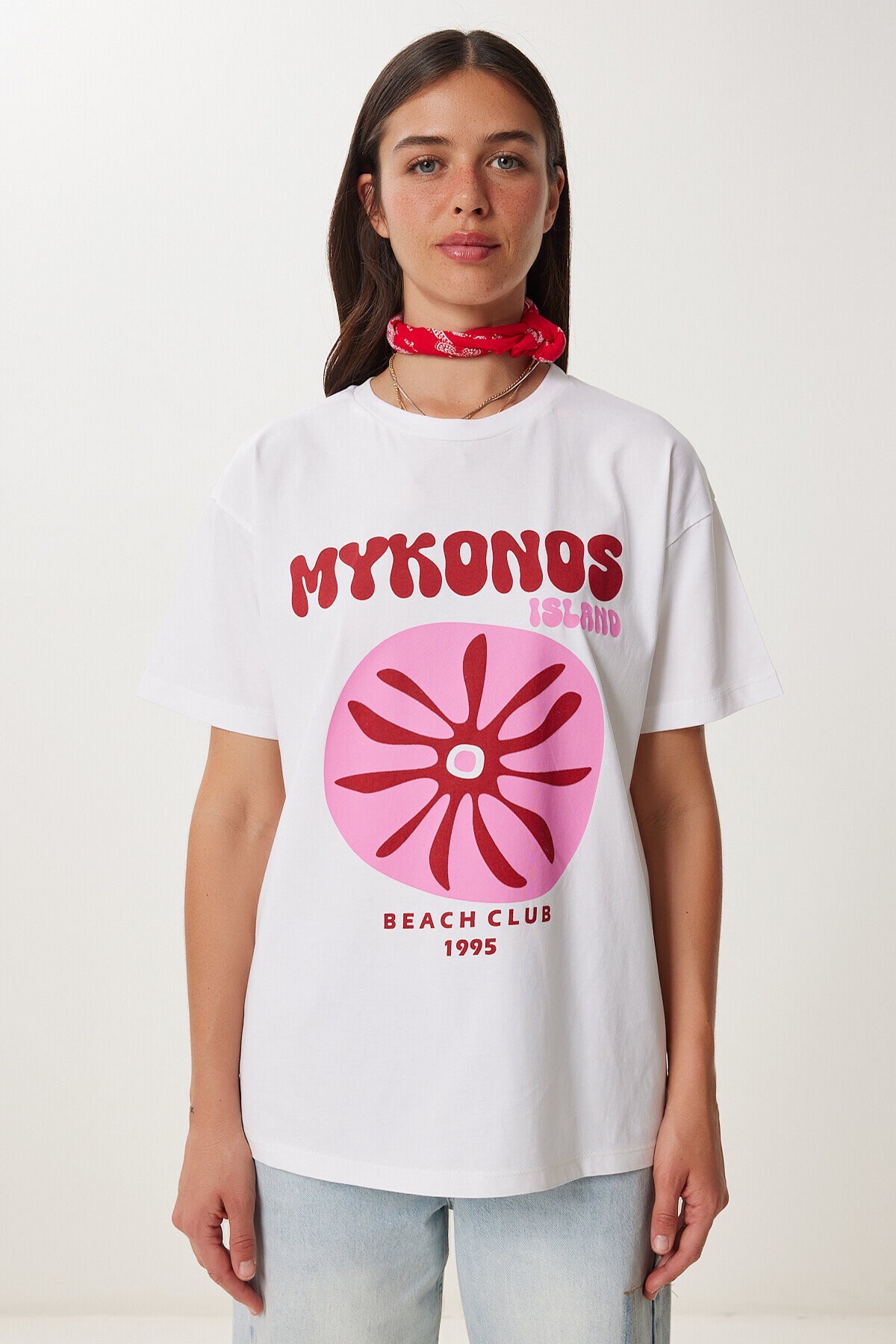 Oversize Baskılı Örme T-shirt BEYAZ LCR0060
