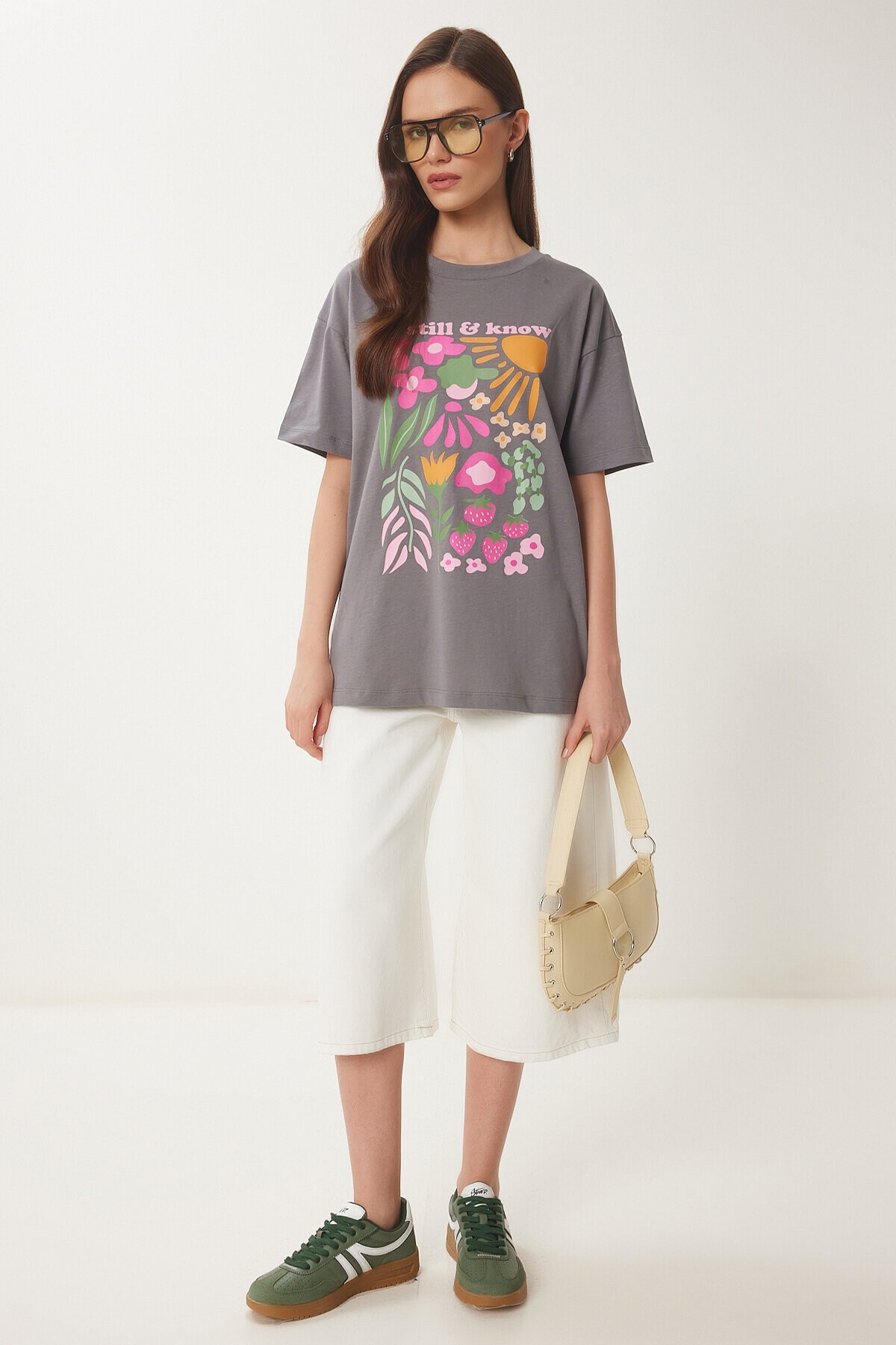 Oversize Baskılı Örme T-shirt FÜME LCR0068