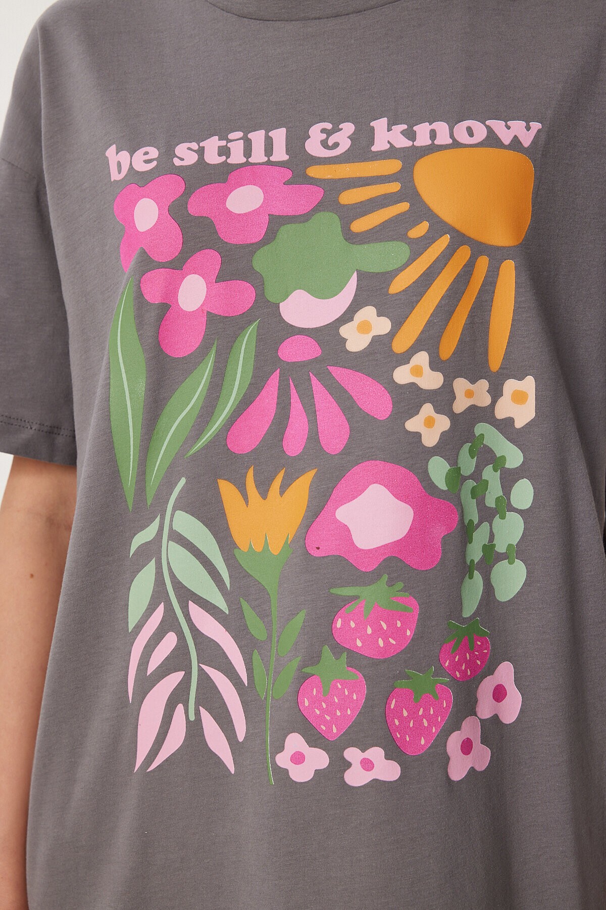 Oversize Baskılı Örme T-shirt FÜME LCR0068