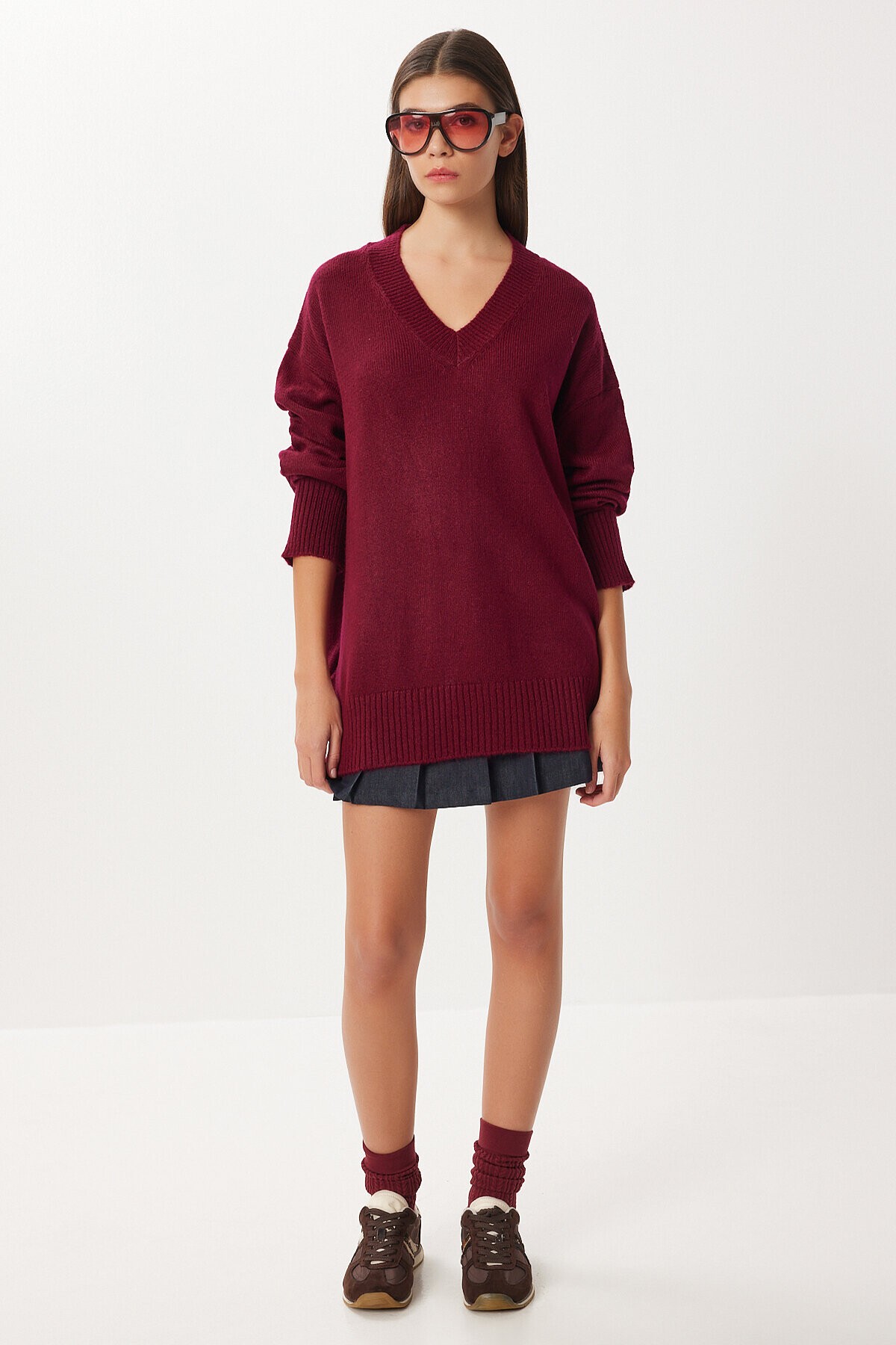 Oversize V Yaka Yumuşak Triko Kazak BORDO LCI0056
