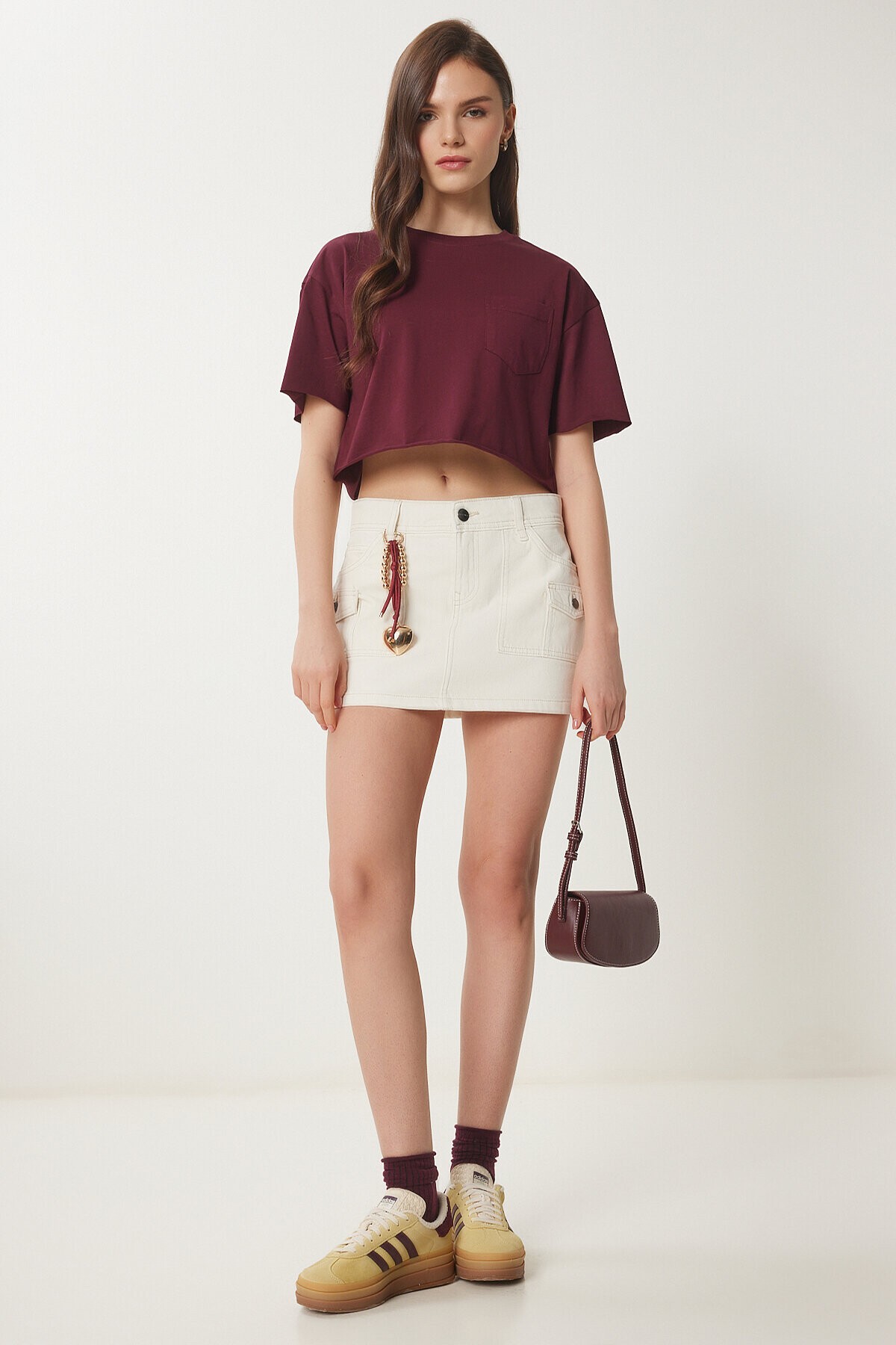 Pamuklu Crop Örme T-Shirt BORDO LCR0018