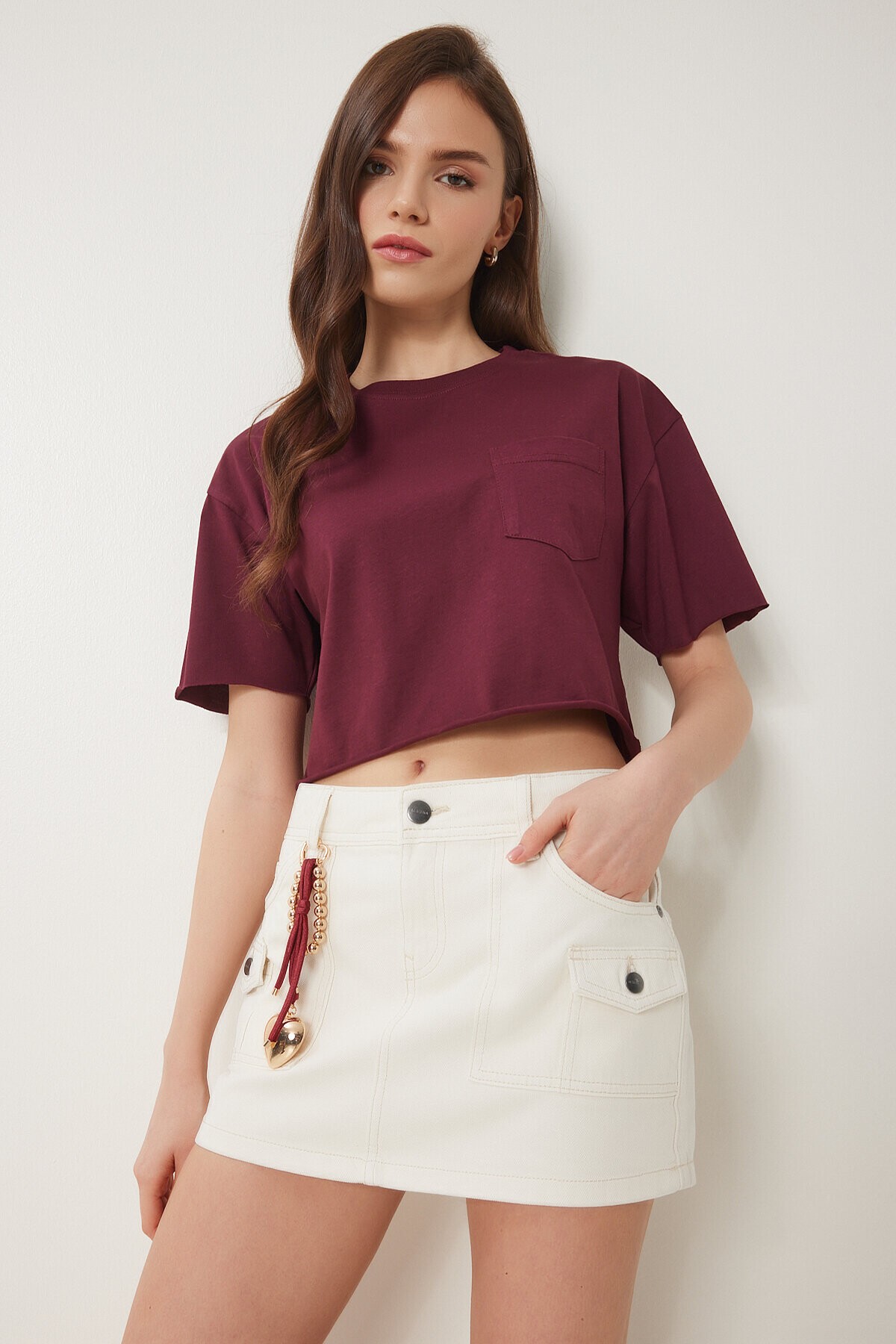 Pamuklu Crop Örme T-Shirt BORDO LCR0018