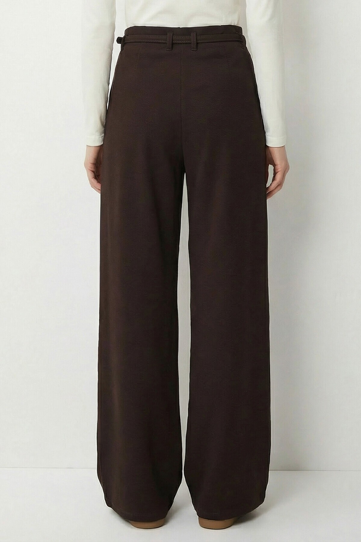 Pileli Kemerli Esnek Örme Pantolon KAHVERENGİ LCR0104