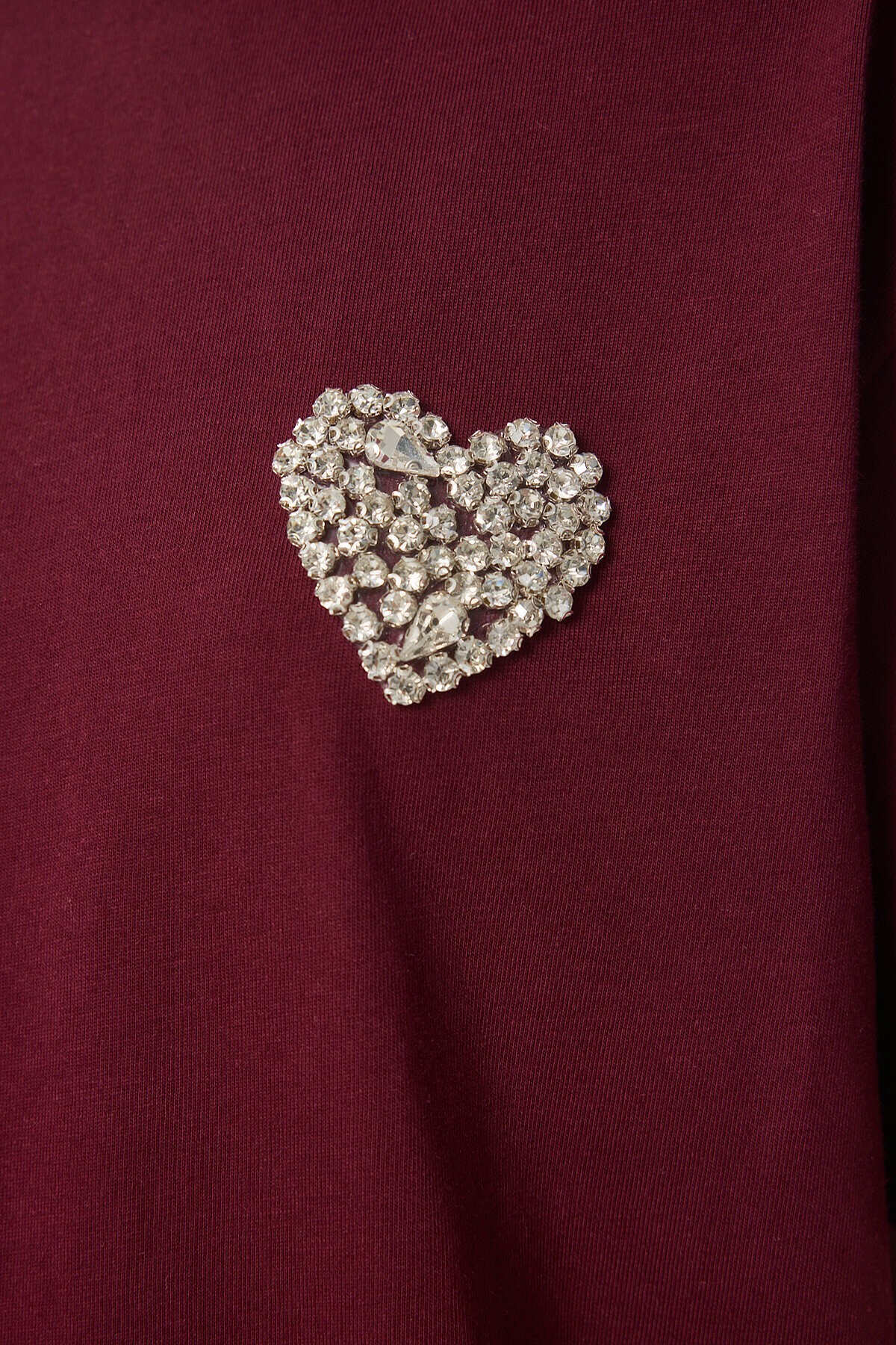 Şık Taşlı Kalp Detaylı Örme T-shirt BORDO LCR0066