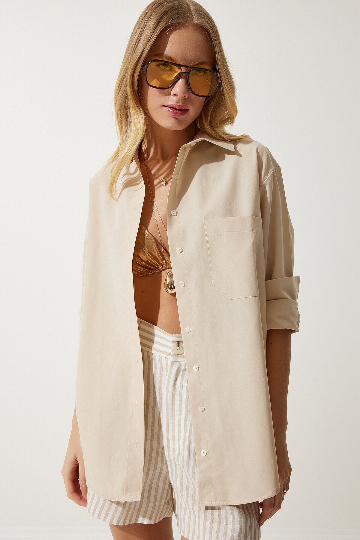 Tek Cepli Boyfriend Poplin Gömlek LATTE LCY0001