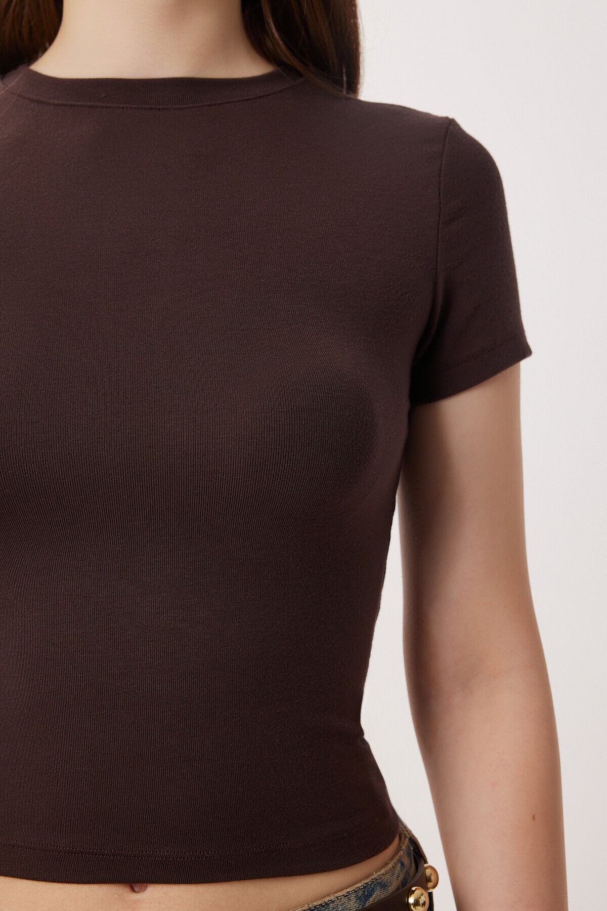 2’li Paket Bisiklet Yaka Basic Örme T-shirt KAHVERENGİ KEMİK LDZ0066