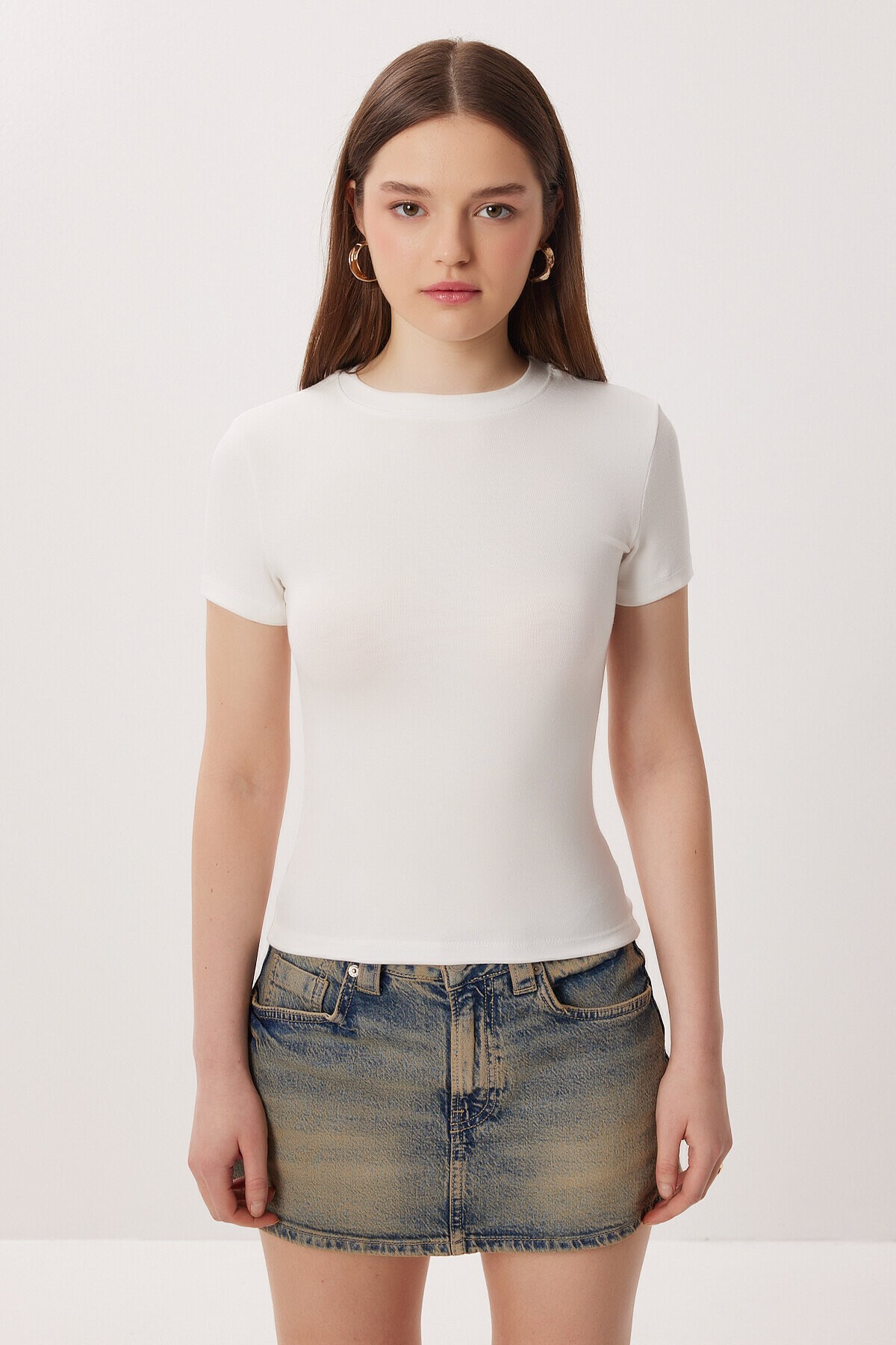 2’li Paket Bisiklet Yaka Basic Örme T-shirt KAHVERENGİ KEMİK LDZ0066