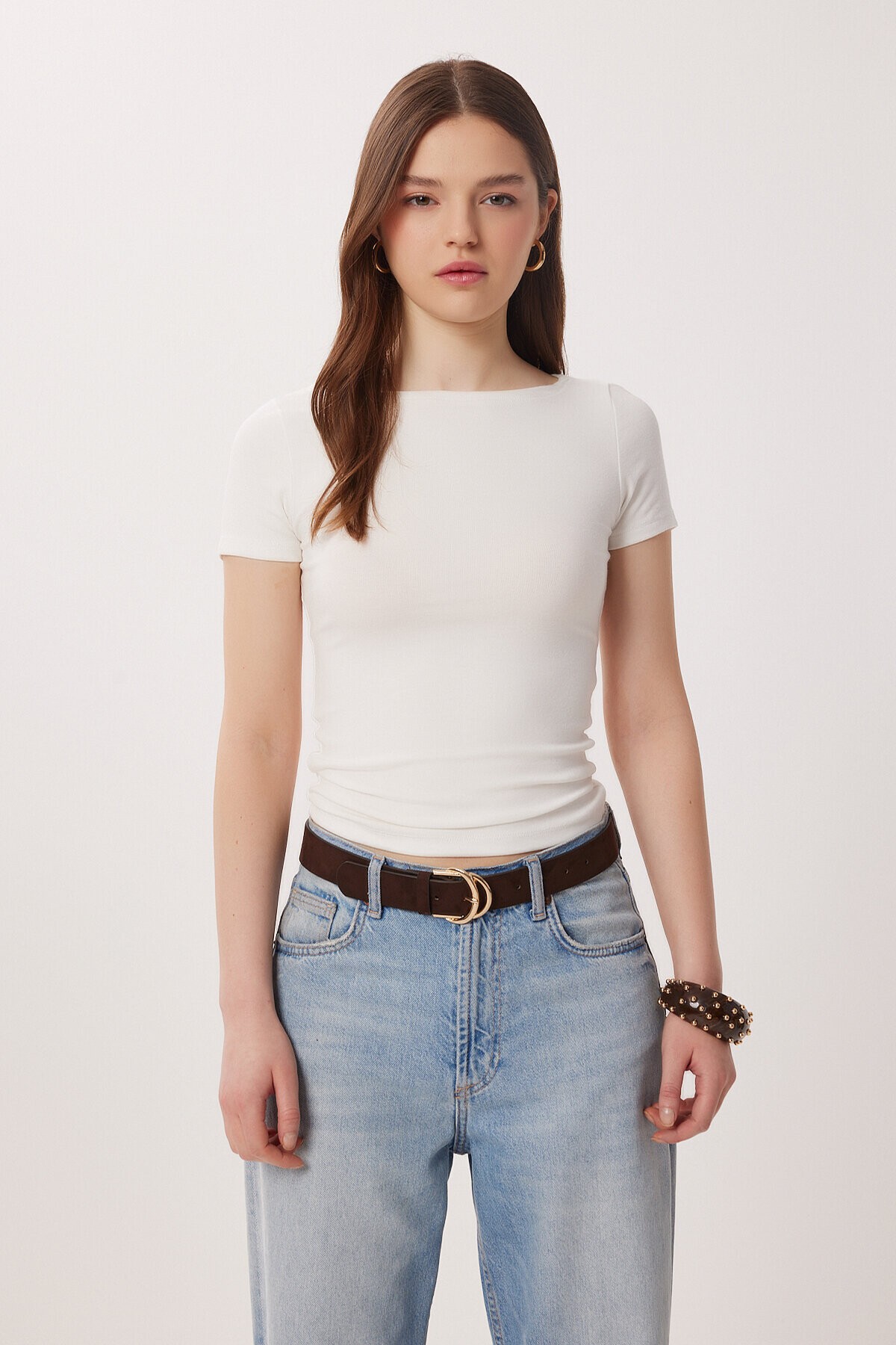 2’li Paket Kayık Yaka Basic Örme Bluz KAHVERENGİ KEMİK LDZ0064