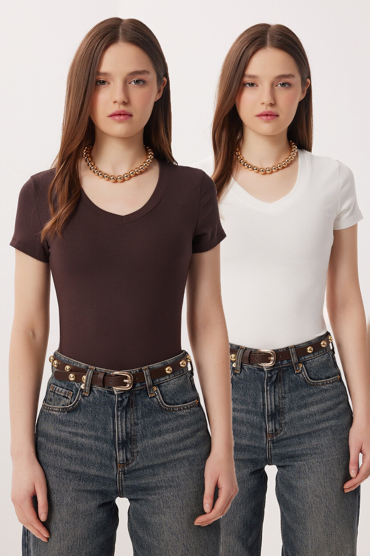 2’li Paket V Yaka Basic Örme T-shirt KAHVERENGİ KEMİK LDZ0068