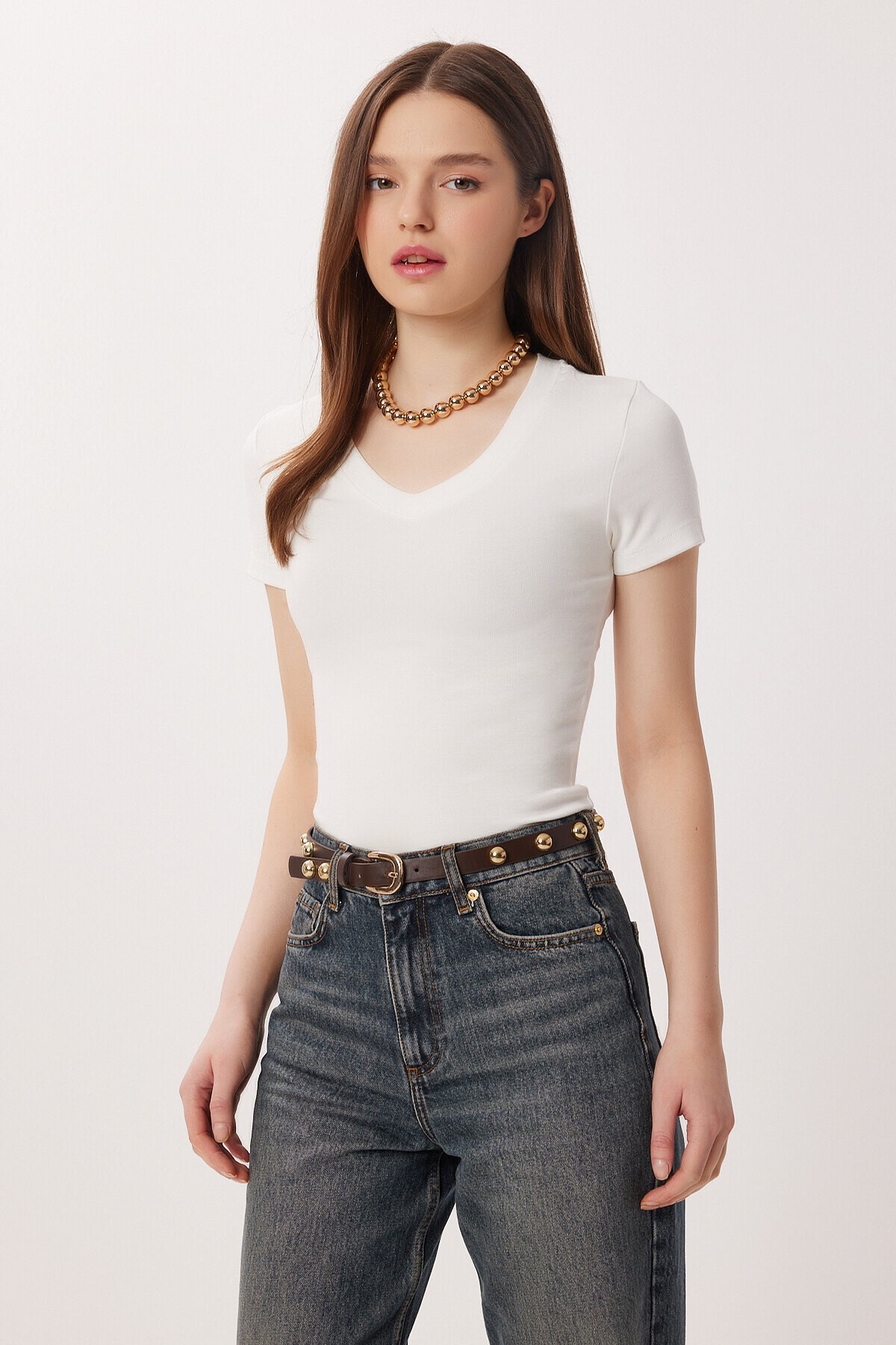2’li Paket V Yaka Basic Örme T-shirt KAHVERENGİ KEMİK LDZ0068