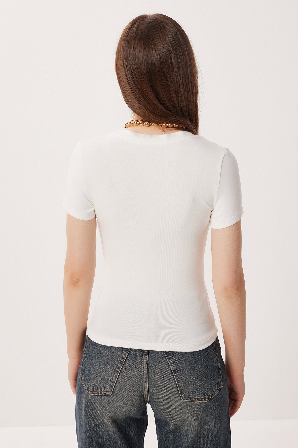 2’li Paket V Yaka Basic Örme T-shirt KAHVERENGİ KEMİK LDZ0068