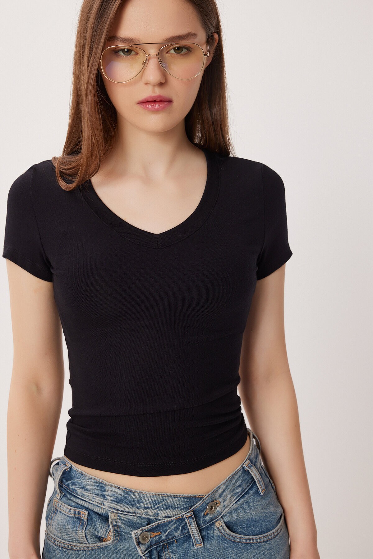 2’li Paket V Yaka Basic Örme T-shirt SİYAH KEMİK LDZ0068