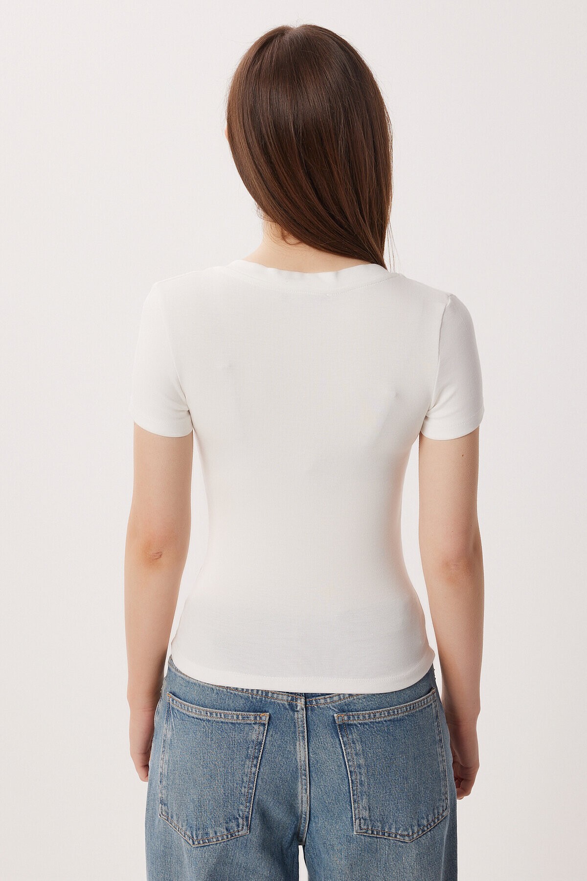 2’li Paket V Yaka Basic Örme T-shirt SİYAH KEMİK LDZ0068