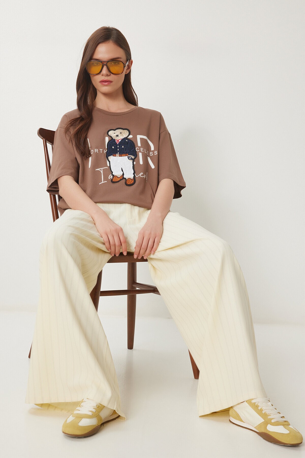 Ayıcık Armalı Pamuklu Oversize Örme T-shirt KAHVERENGİ LCR0027