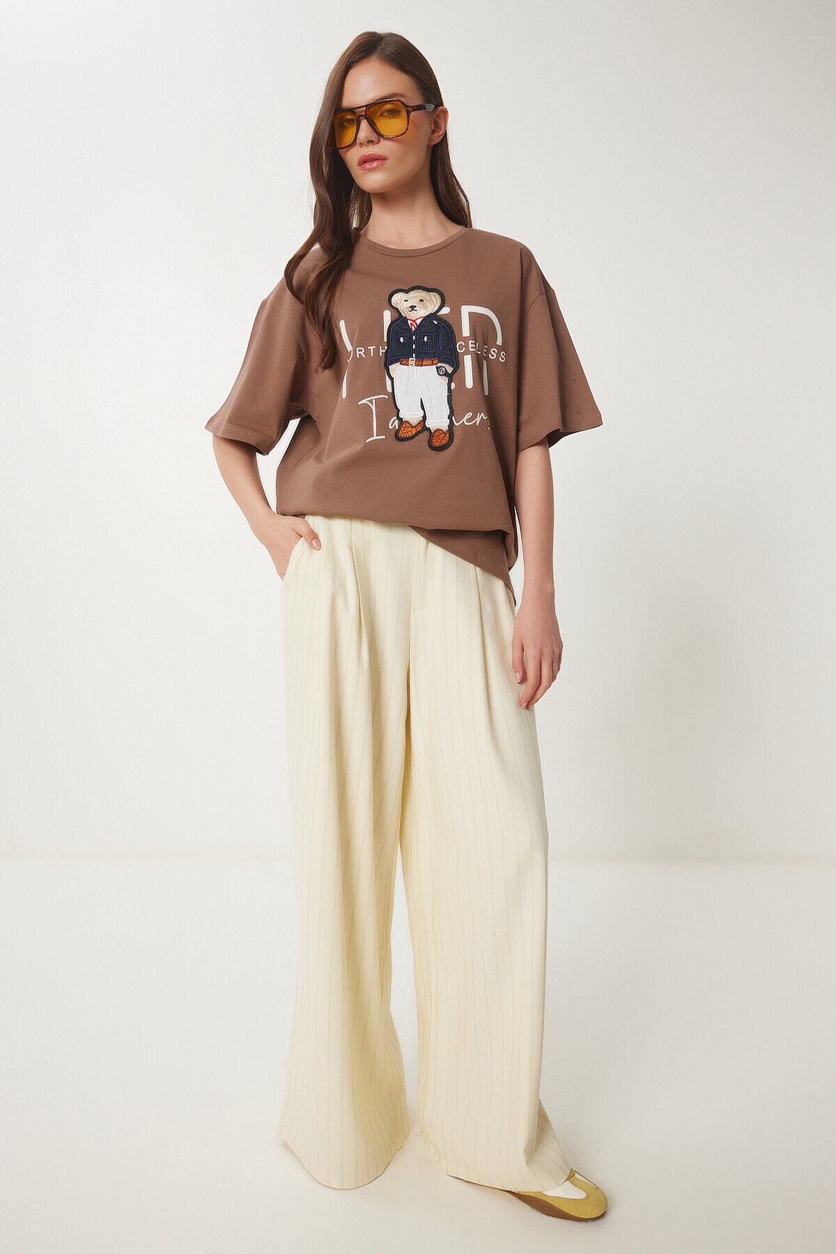 Ayıcık Armalı Pamuklu Oversize Örme T-shirt KAHVERENGİ LCR0027