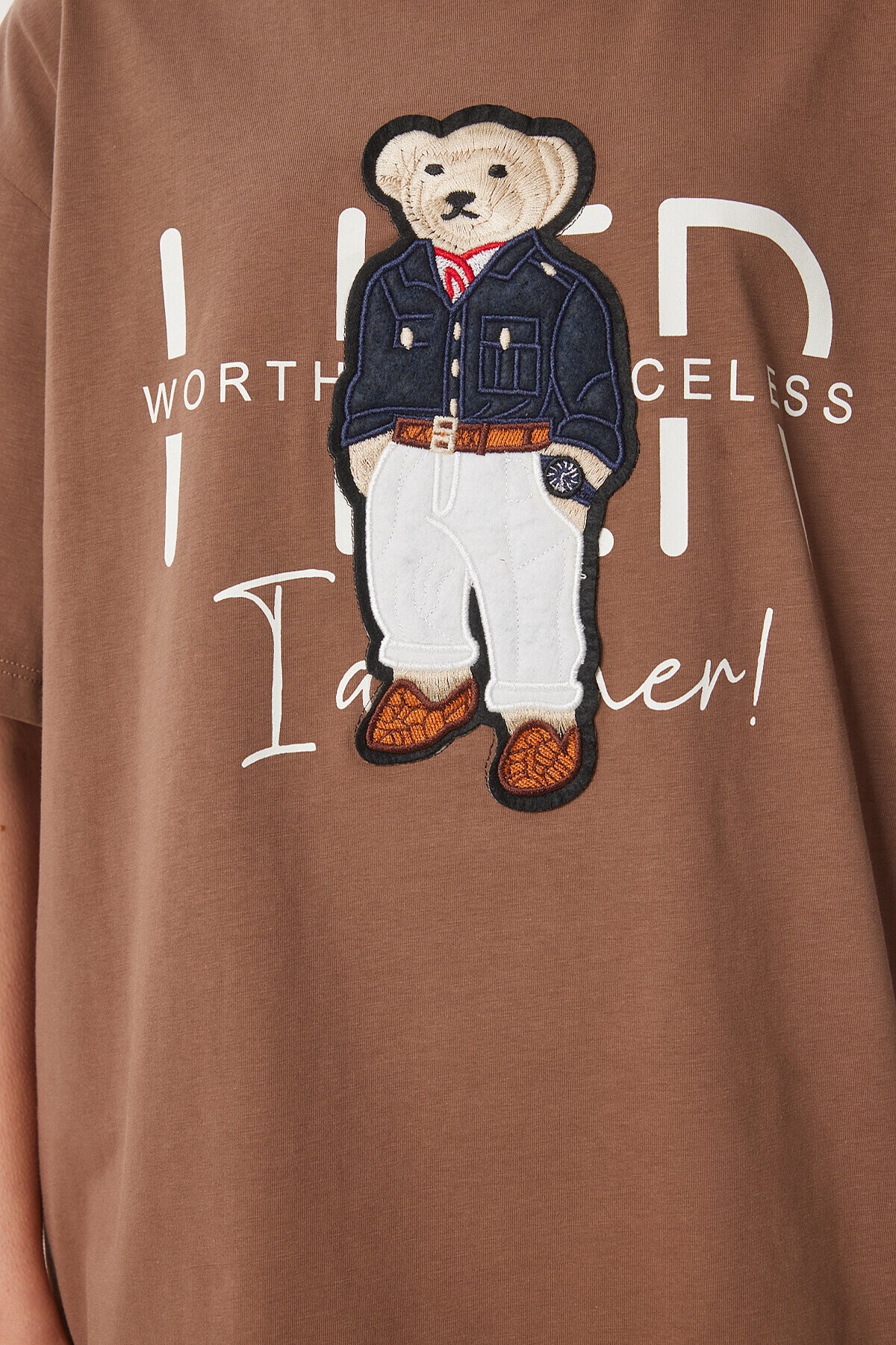 Ayıcık Armalı Pamuklu Oversize Örme T-shirt KAHVERENGİ LCR0027