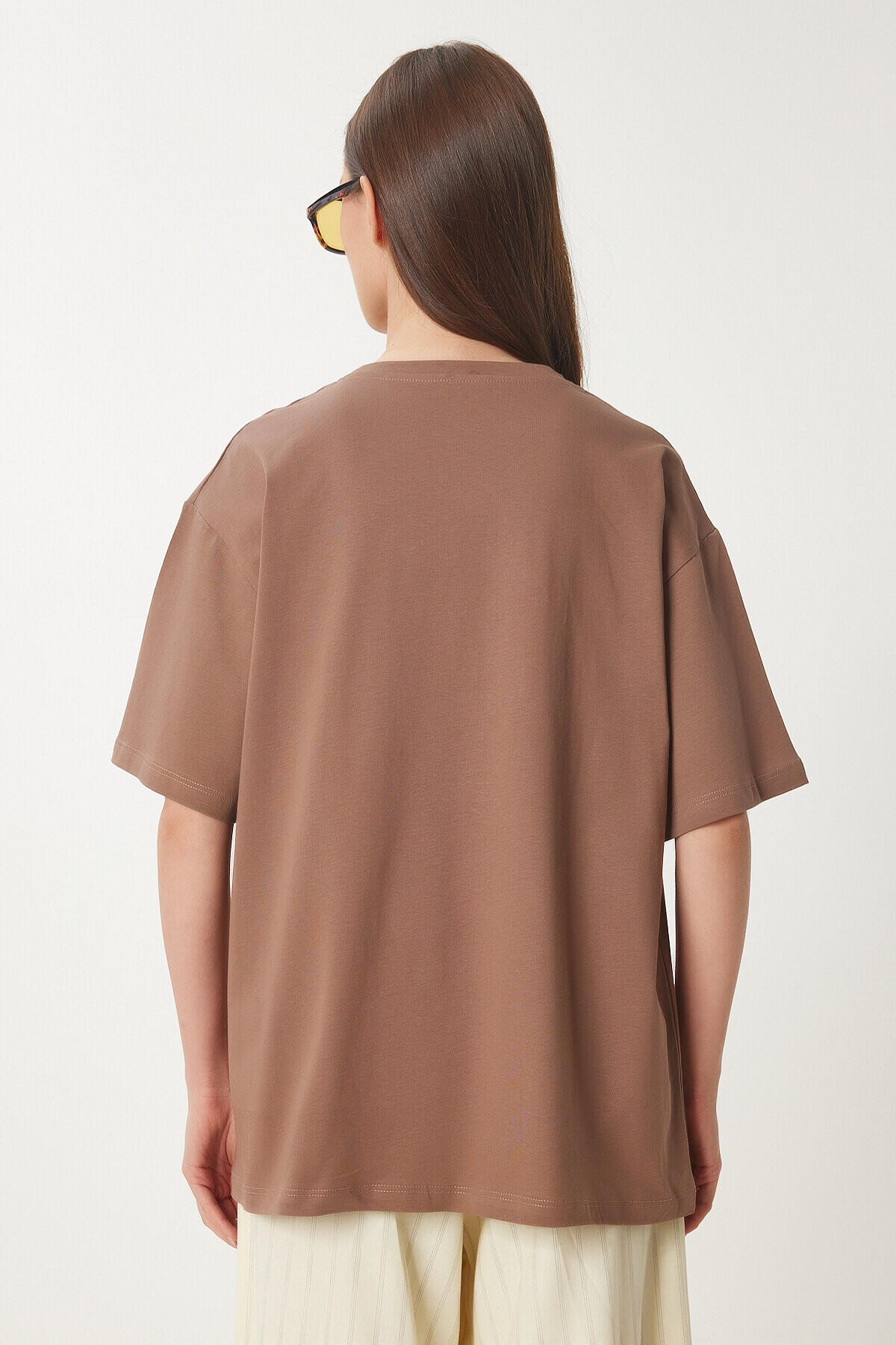 Ayıcık Armalı Pamuklu Oversize Örme T-shirt KAHVERENGİ LCR0027