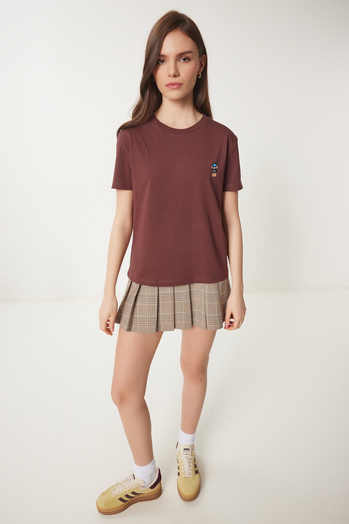Ayıcık İşlemeli Pamuklu Örme T-shirt KAHVERENGİ LCR0029