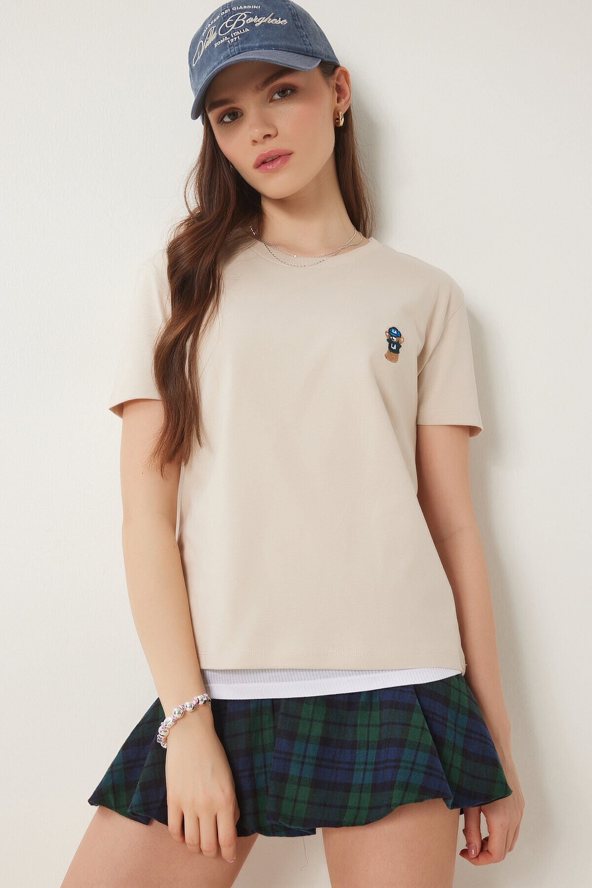 Ayıcık İşlemeli Pamuklu Örme T-shirt KREM LCR0029