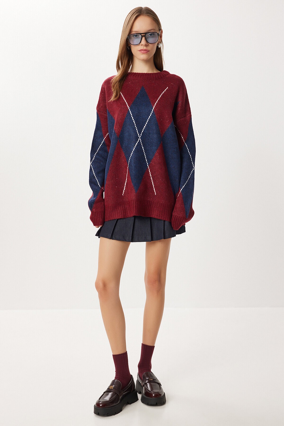 Baklava Desenli Oversize Triko Kazak BORDO LACİVERT LFN0124