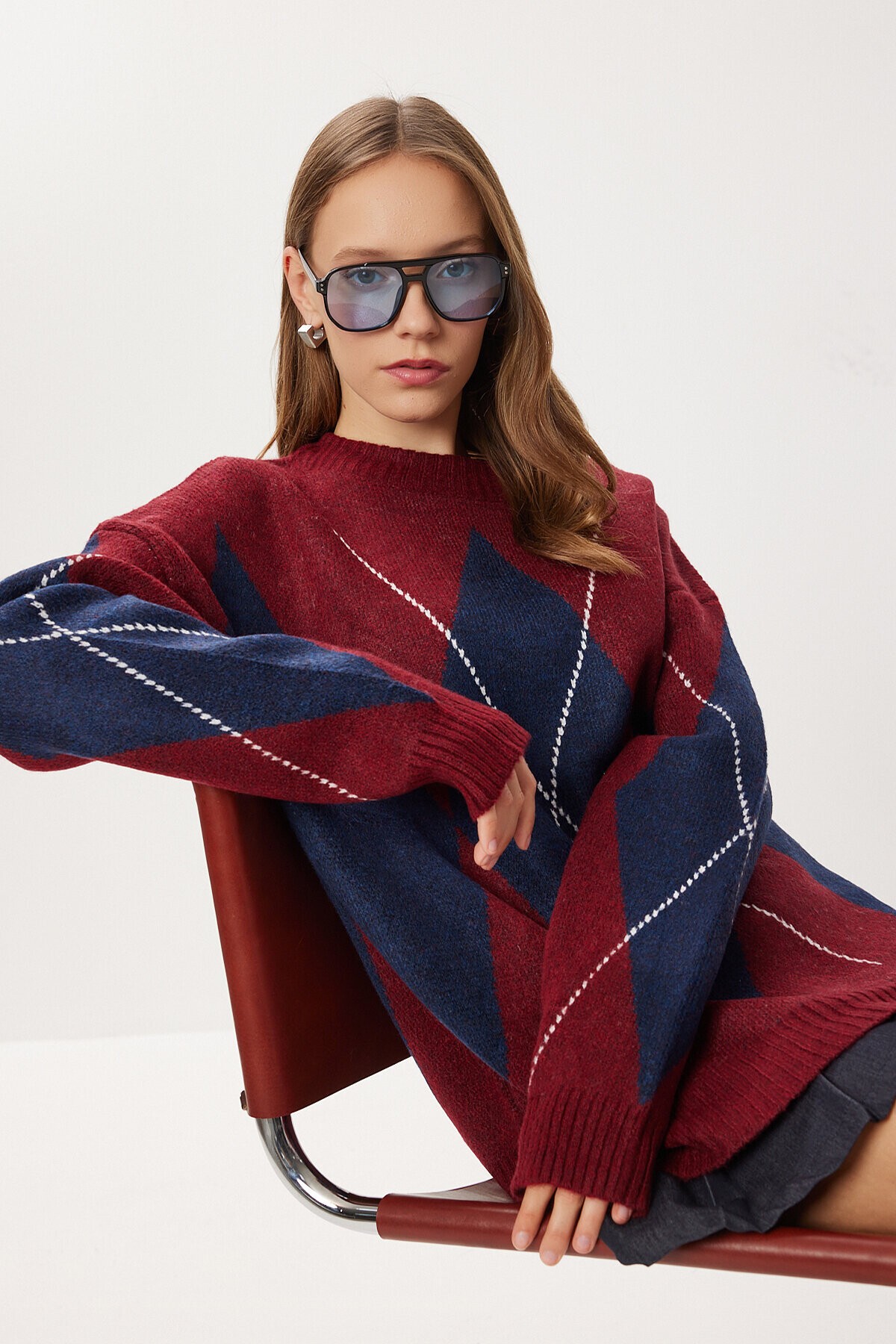 Baklava Desenli Oversize Triko Kazak BORDO LACİVERT LFN0124