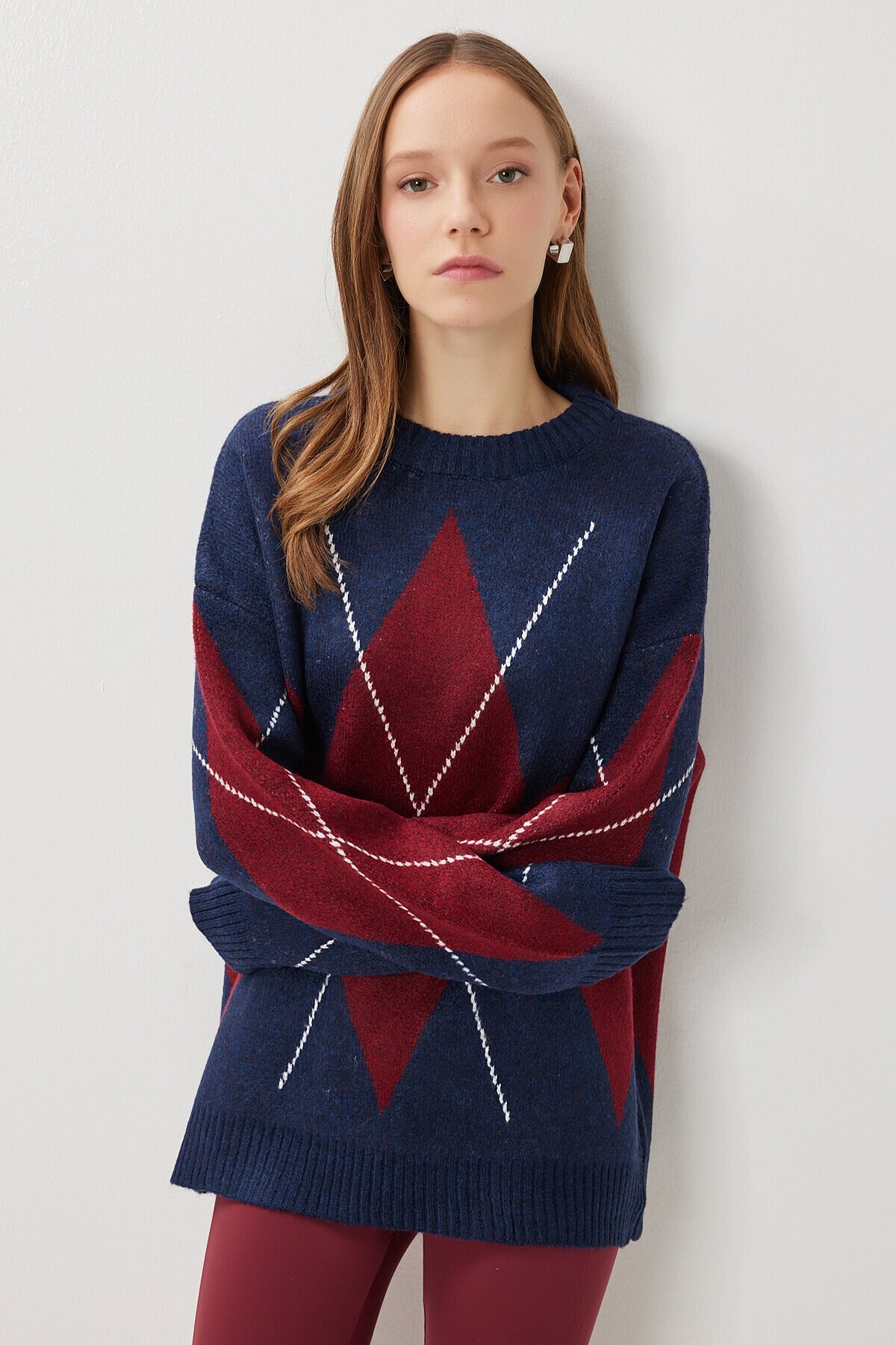 Baklava Desenli Oversize Triko Kazak LACİVERT BORDO LFN0124