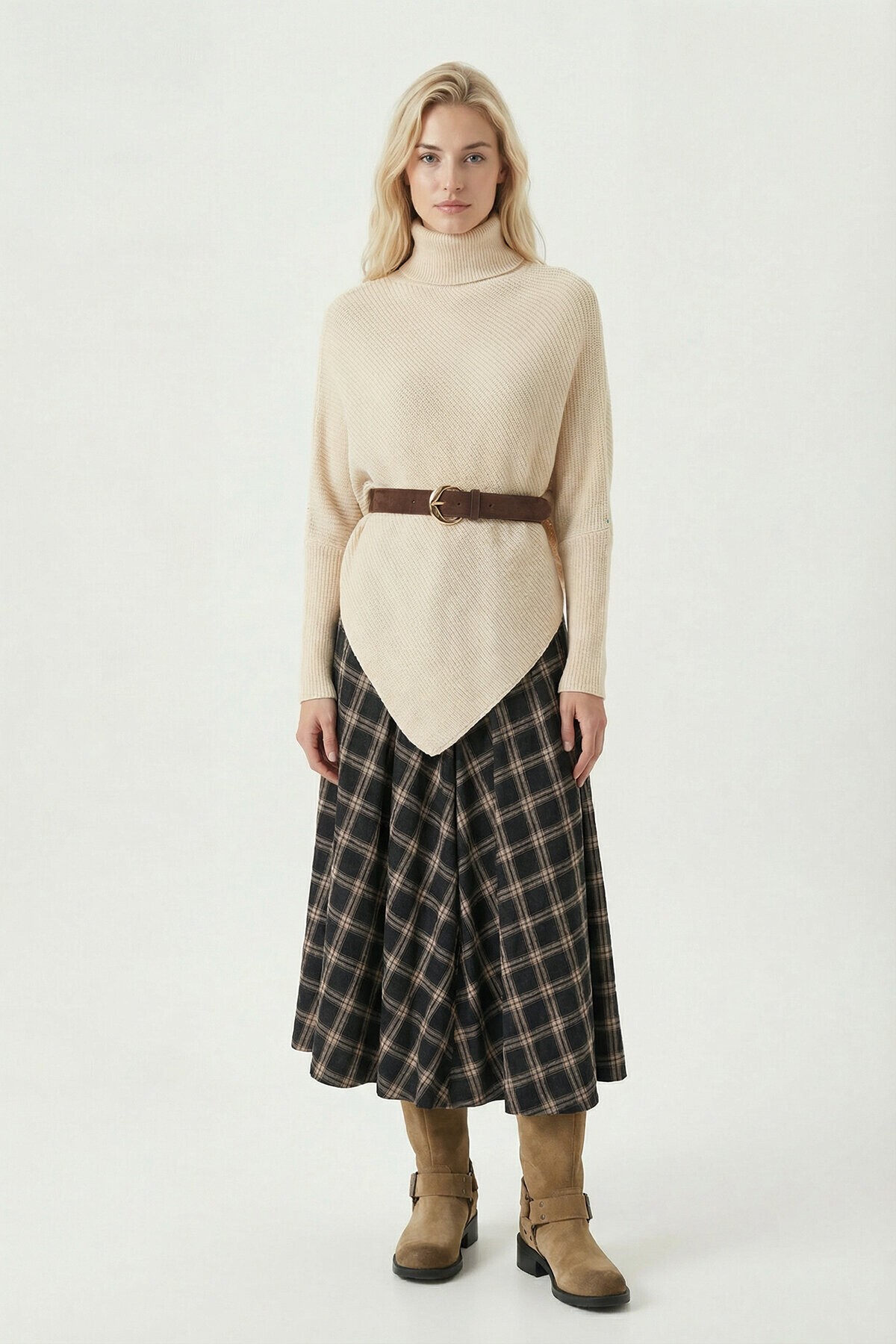 Balıkçı Yaka Asimetrik Oversize Triko Kazak KREM LDP0089