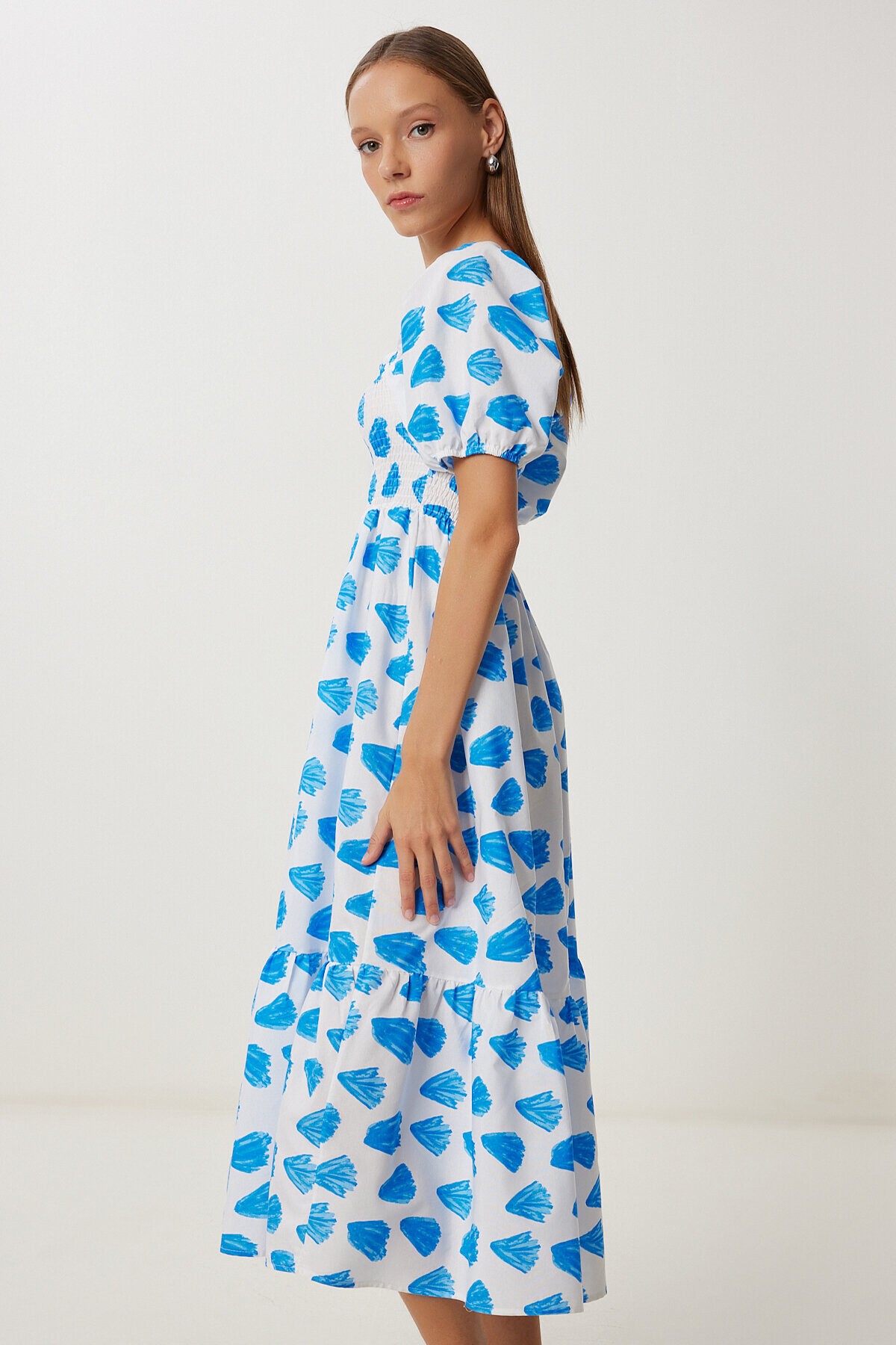 Balon Kollu Desenli Dokuma Elbise MAVİ BEYAZ LFG0080