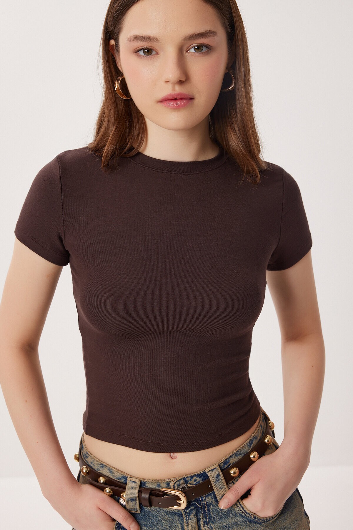 Bisiklet Yaka Basic Örme T-shirt KAHVERENGİ LDZ0067