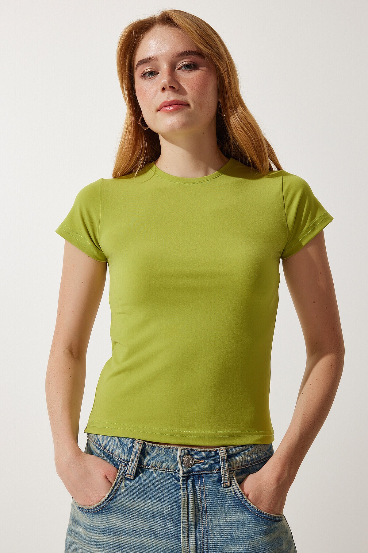Bisiklet Yaka Kısa Kollu Basic Sandy T-shirt YAĞ YEŞİLİ LEN0002