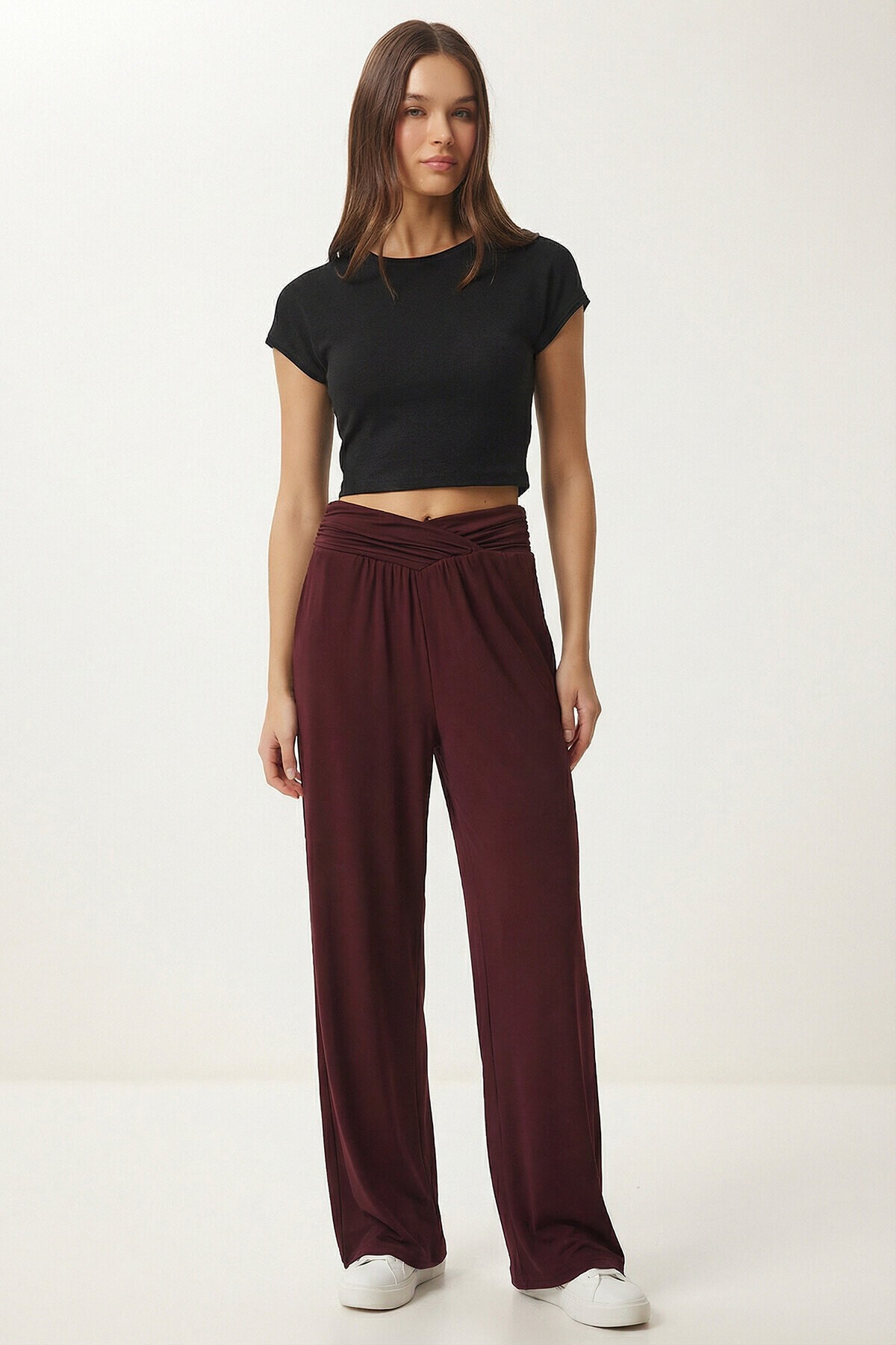 Büzgülü Çapraz Kemerli Örme Pantolon BORDO LCR0112
