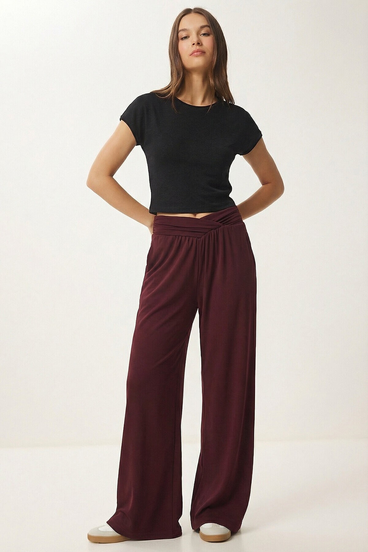 Büzgülü Çapraz Kemerli Örme Pantolon BORDO LCR0112